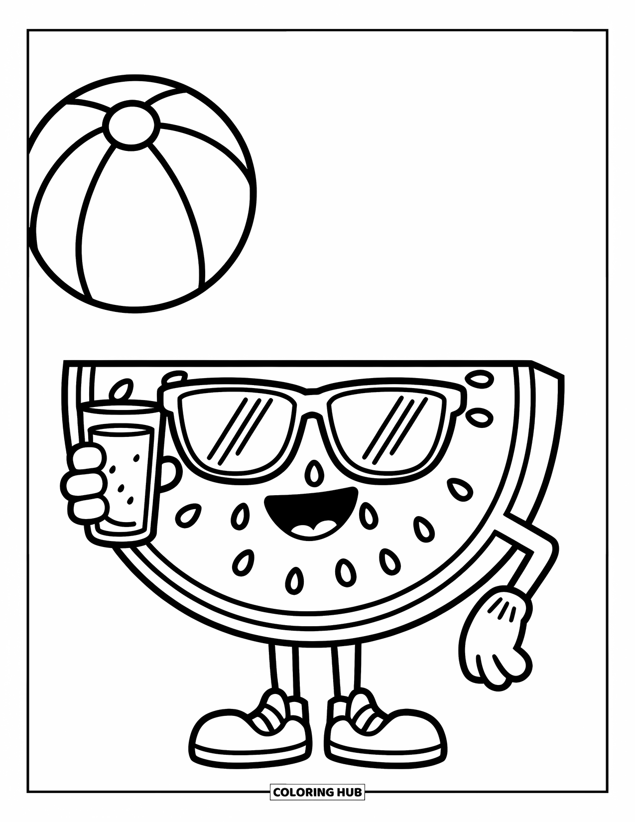 Watermeloen Kleurplaat voor Kinderen: Een lachend watermeloenpart personage met een zonnebril en sap, met een strandbal op de achtergrond