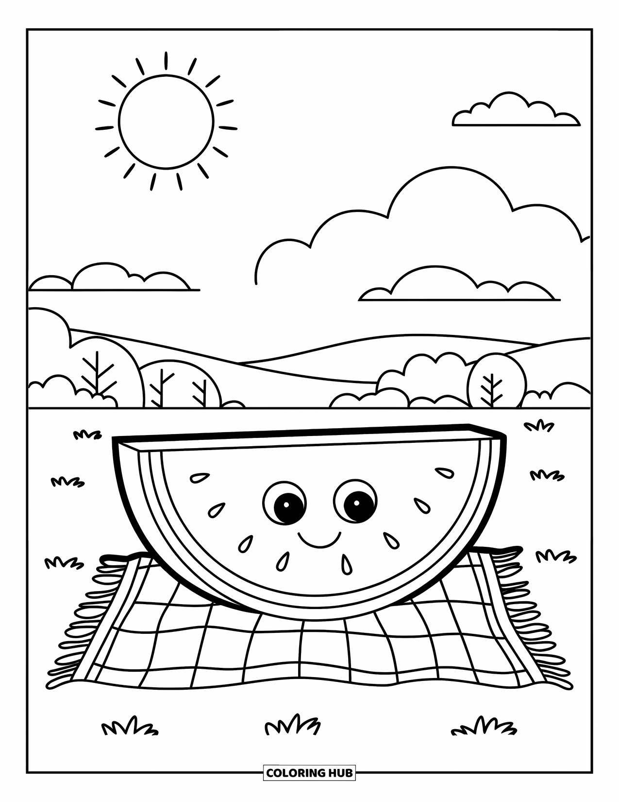 Watermeloen Kleurplaat voor Kinderen: Een lachende watermeloenpart op een picknickkleed met glooiende heuvels en bomen op de achtergrond