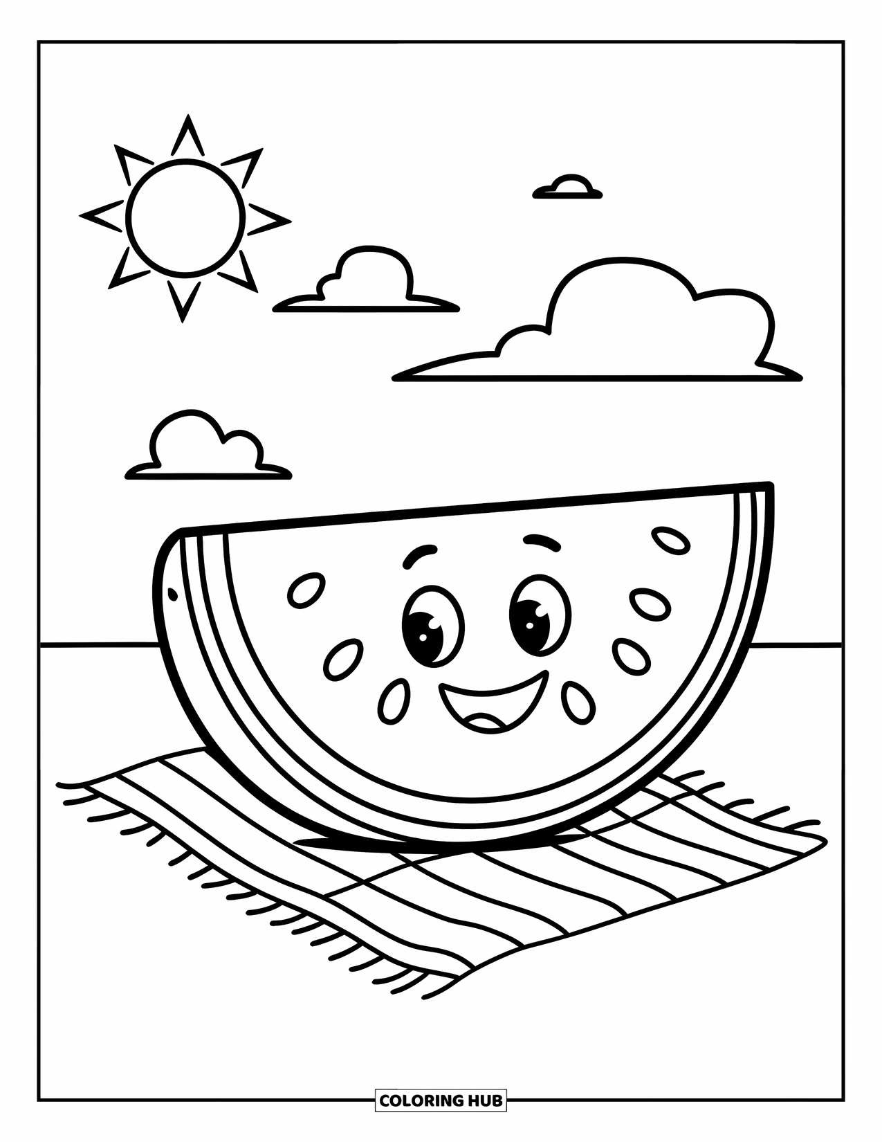 Watermeloen Kleurplaat voor Kinderen: Een lachende watermeloenpart zittend op een picknickkleed, met een zon en pluizige wolken erboven