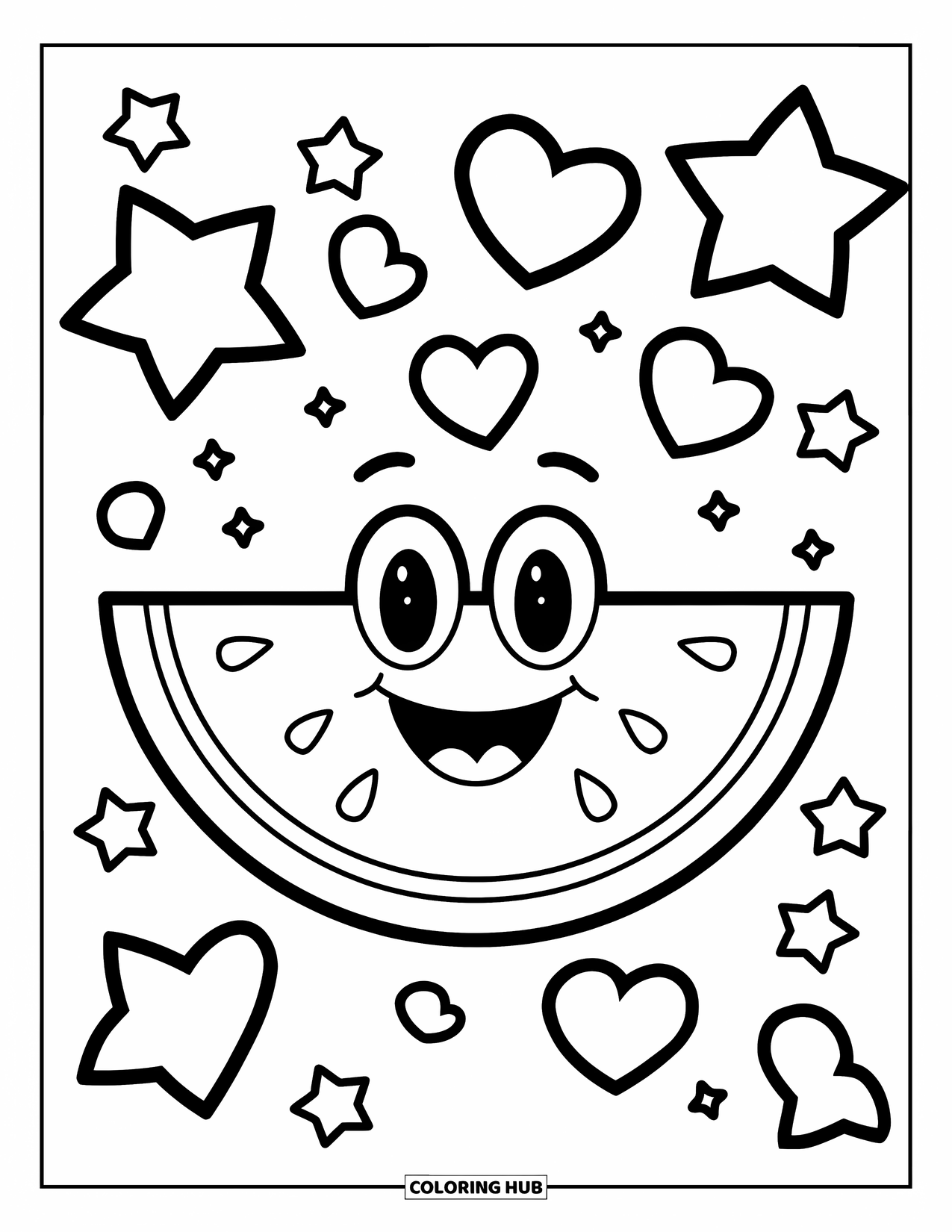 Watermeloen Kleurplaat voor Kinderen: Een lachende watermeloenpart met grote ogen, omringd door speelse sterren en harten