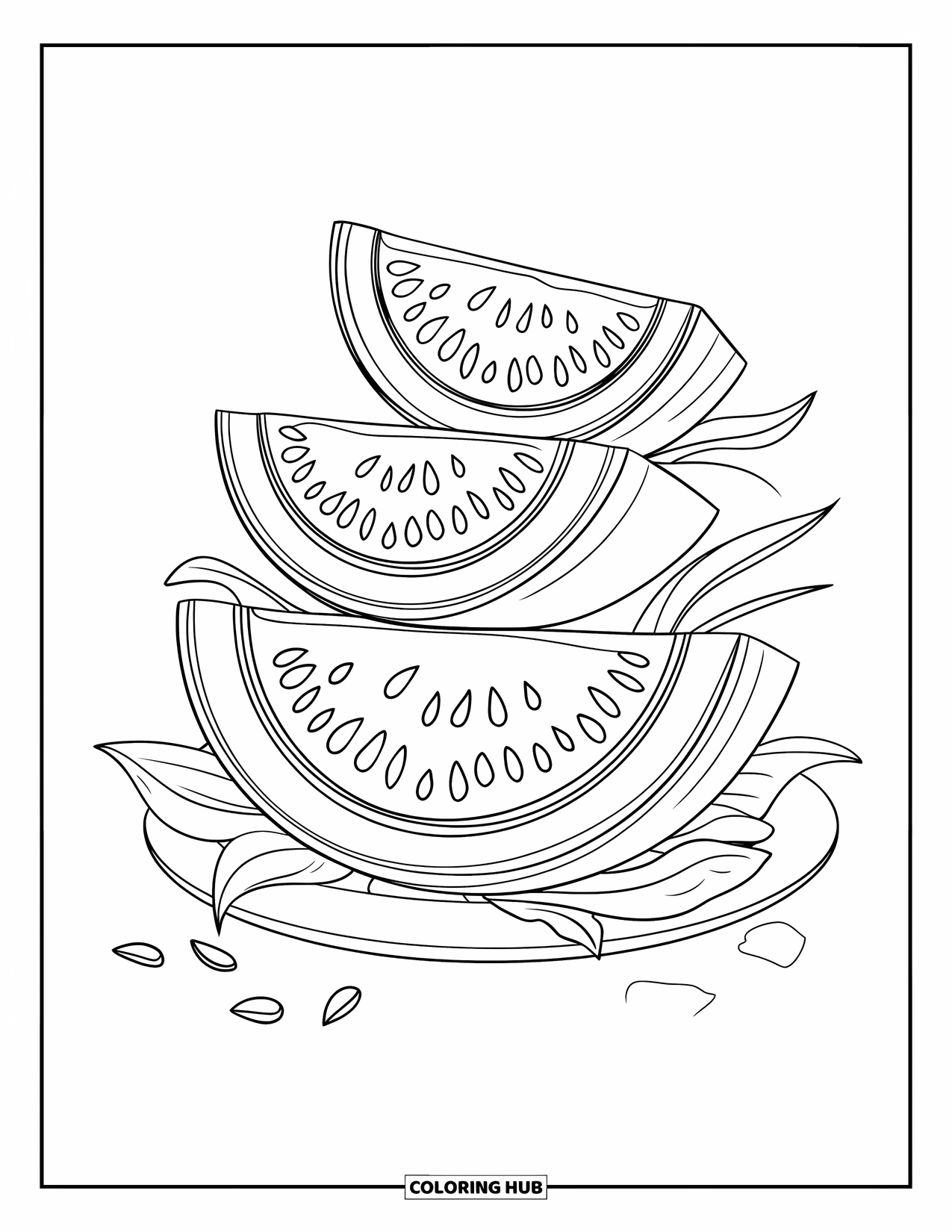 Watermeloen Kleurplaat voor Kinderen: Een stapel watermeloenparten op een bord, omringd door bladeren en verspreide zaden
