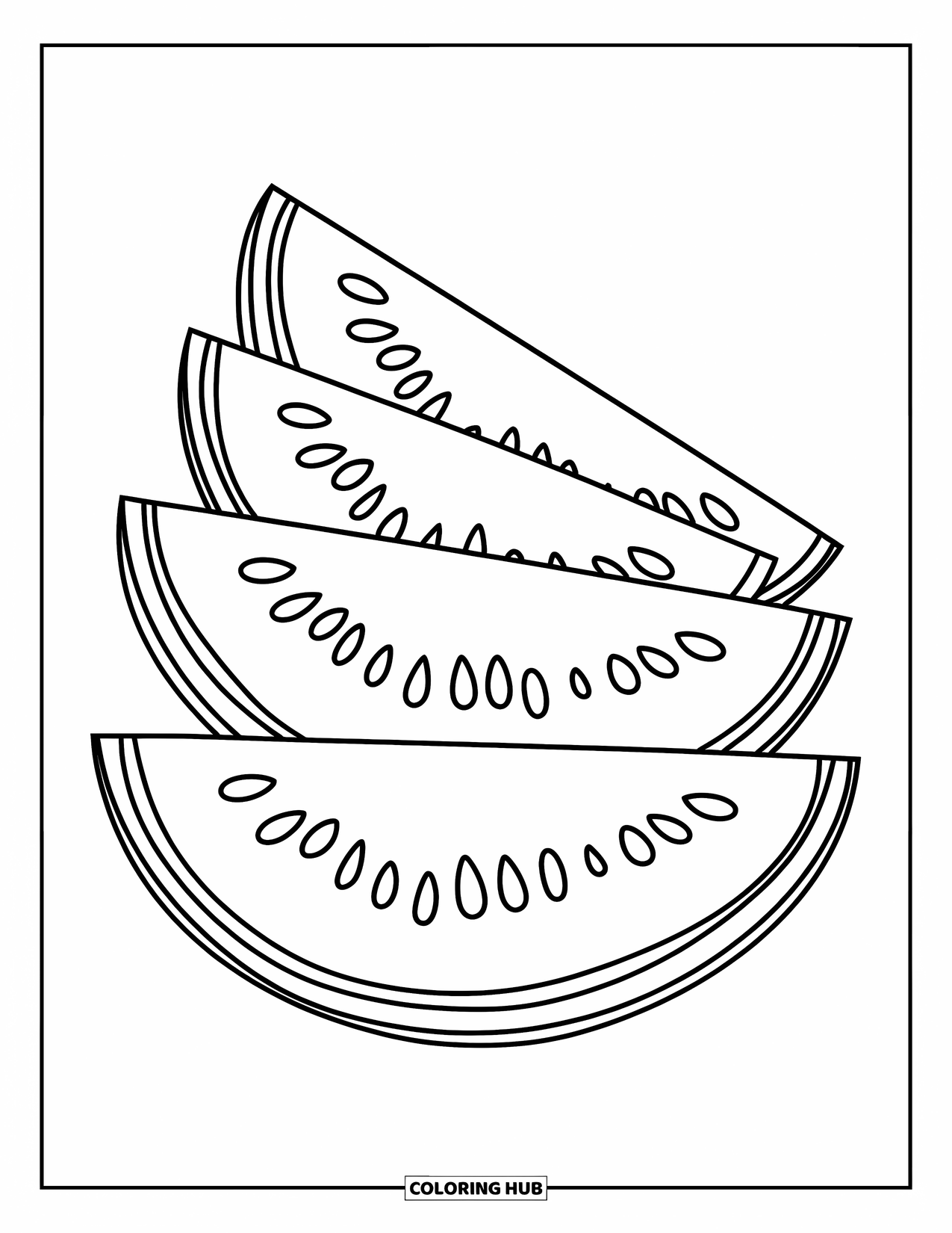 Watermeloen Kleurplaat voor Kinderen: Een stapel watermeloenparten met dikke lijnen, gerangschikt in een opvallende compositie