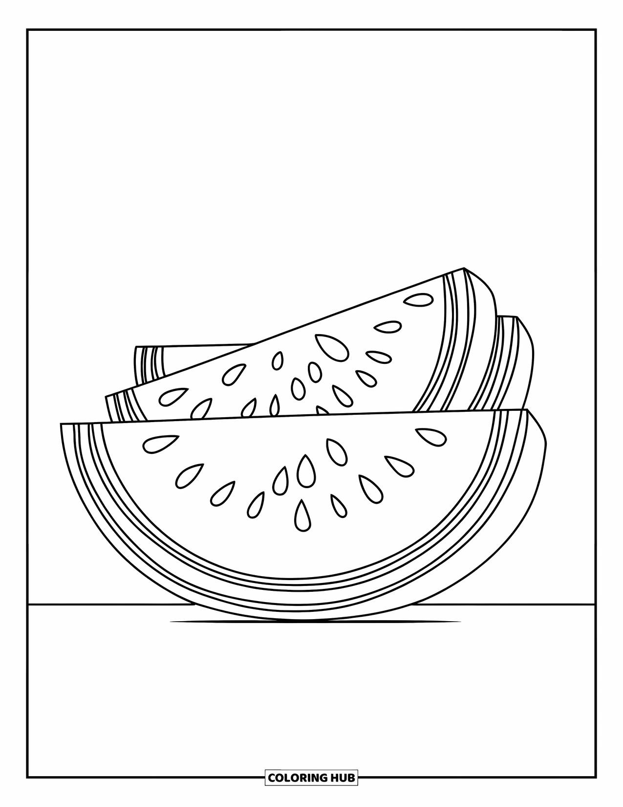 Watermeloen Kleurplaat voor Kinderen: Een stapel watermeloenparten met gedetailleerde schillen en zaden, gerangschikt in een artistieke hoek
