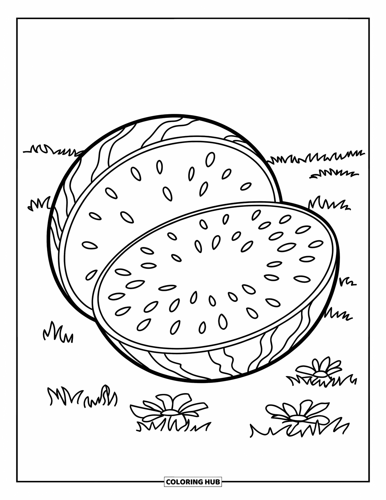Watermeloen Kleurplaat voor Kinderen: Een doormidden gesneden watermeloen, geplaatst op een grasveld met heldere bloemen en een open lucht