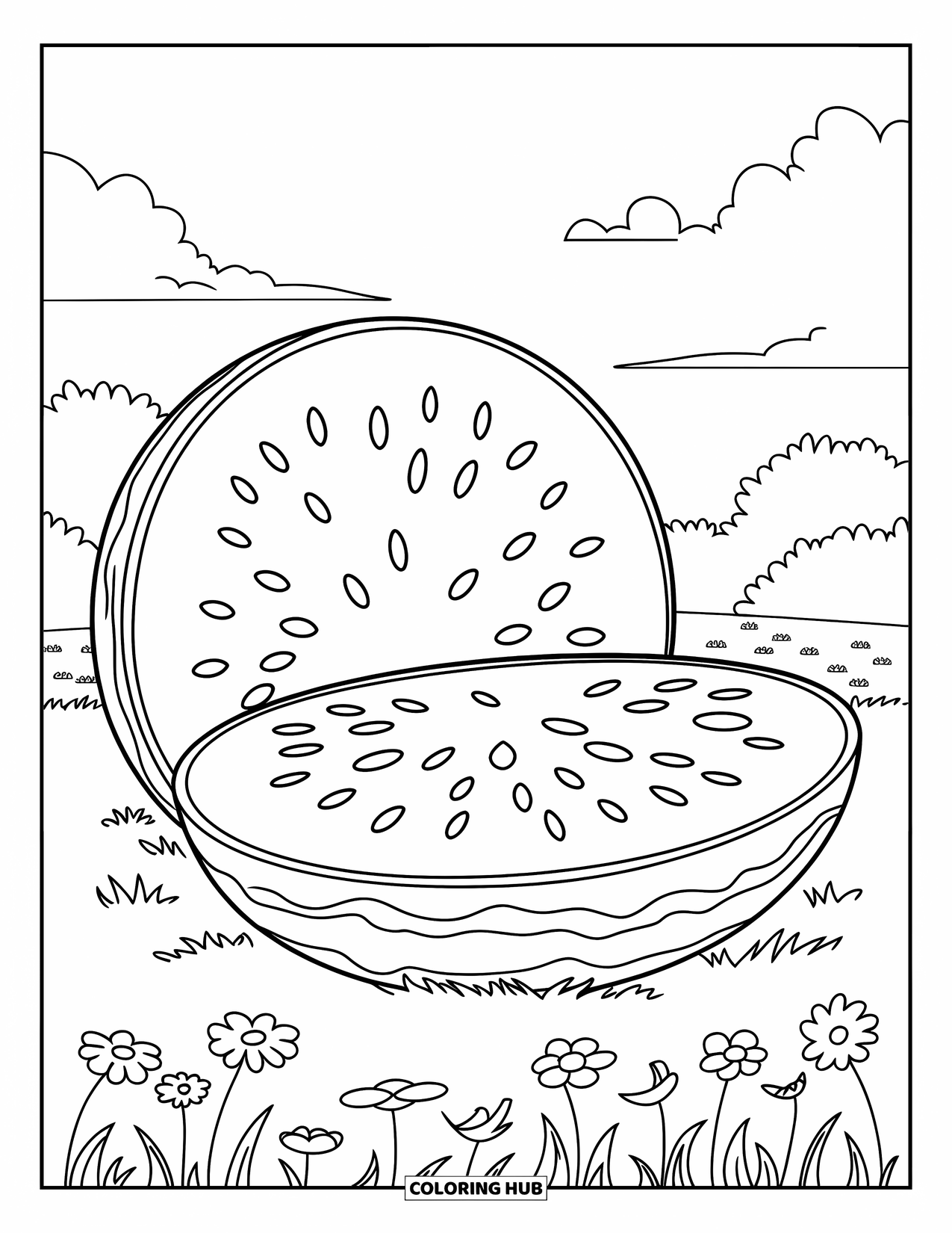Watermeloen Kleurplaat voor Kinderen: Een doormidden gesneden watermeloen zit in een grasveld, omringd door bloemen en een heldere lucht