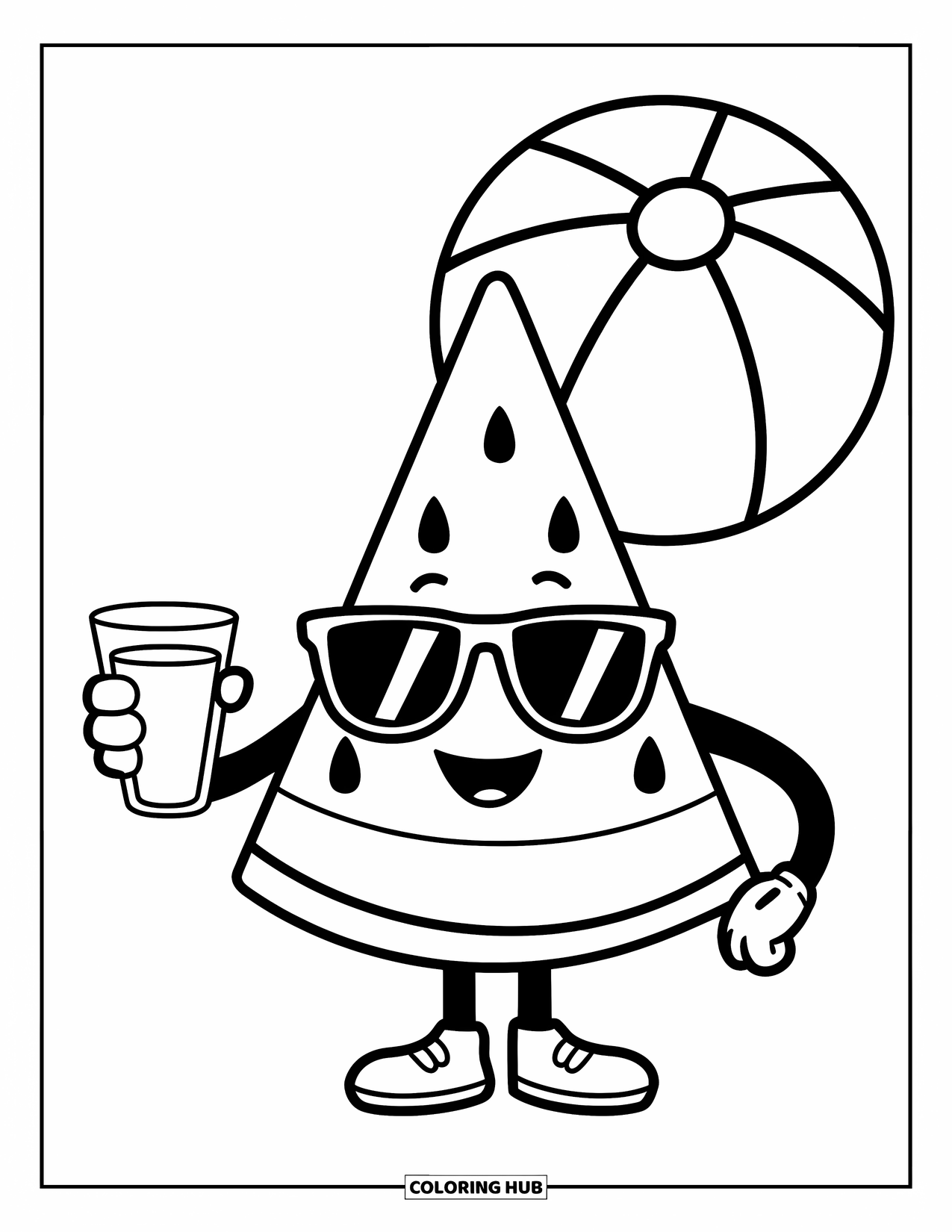 Watermeloen Kleurplaat voor Kinderen: Een watermeloenpart personage met een zonnebril en sap, met een strandbal in de buurt