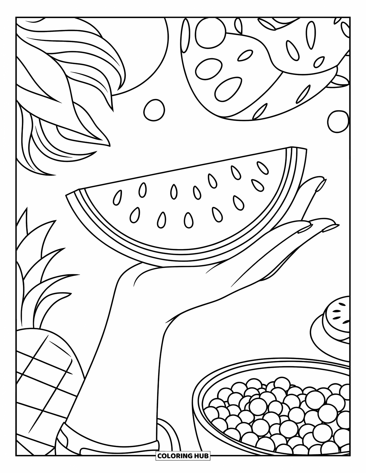 Watermeloen Kleurplaat voor Kinderen: Een watermeloenpart wordt vastgehouden door een hand, omringd door een ananas, bessen en een eenvoudige achtergrond