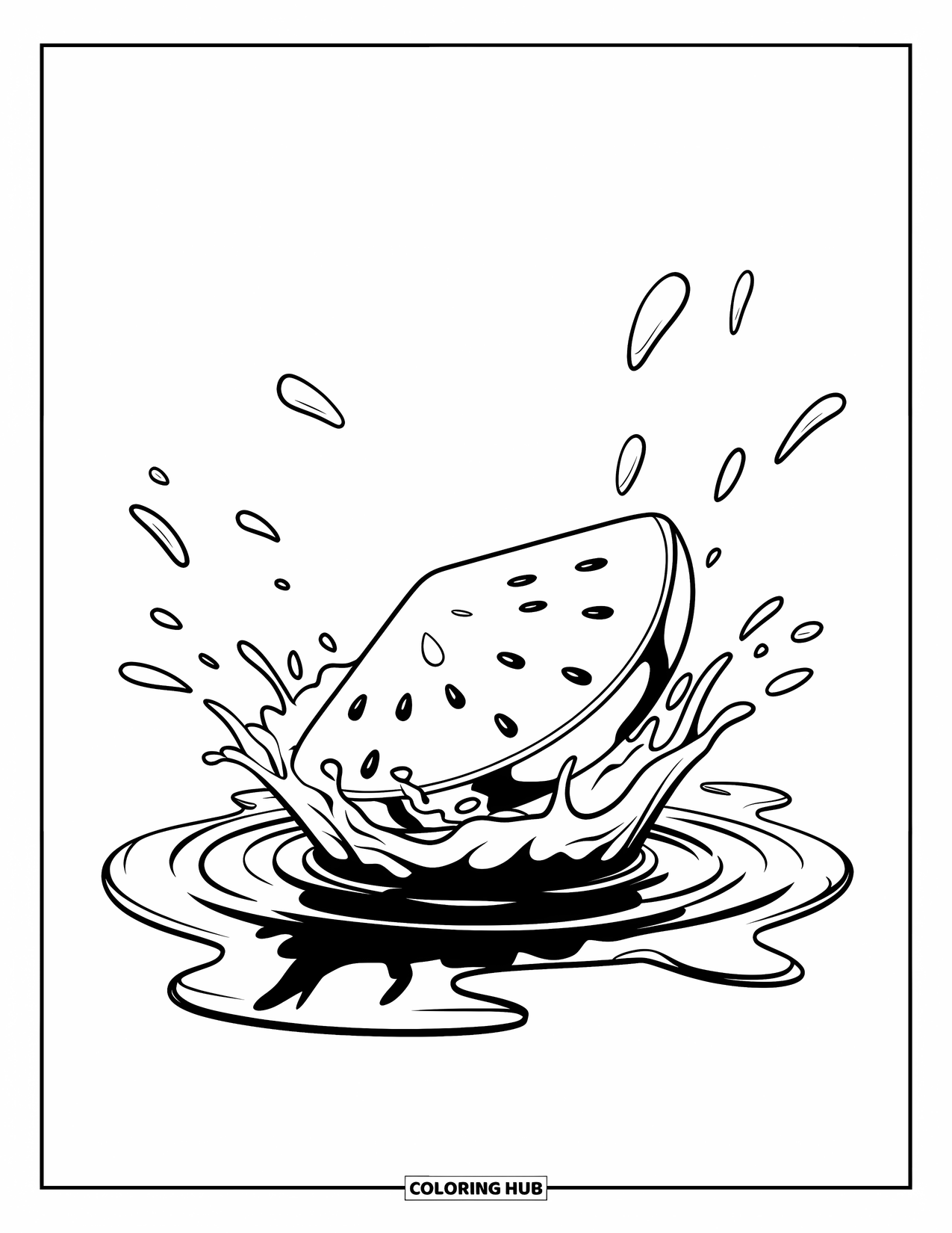 Watermeloen Kleurplaat voor Kinderen: Een watermeloenpart maakt een plons, met rimpelend water en zaden verspreid in de lucht