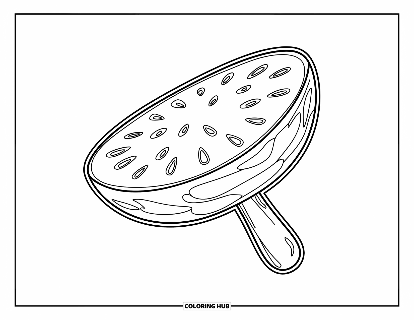 Watermeloen Kleurplaat voor Kinderen: Een watermeloenpart op een stokje, gestyled als een ijslolly, met zichtbare zaden