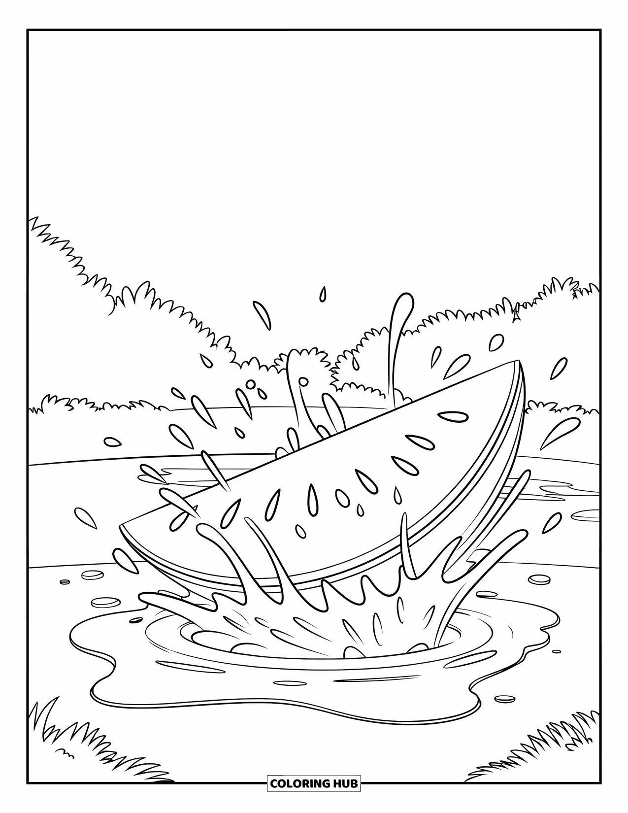 Watermeloen Kleurplaat voor Kinderen: Een watermeloenpart spat in het water, met druppels en zaden die in alle richtingen vliegen