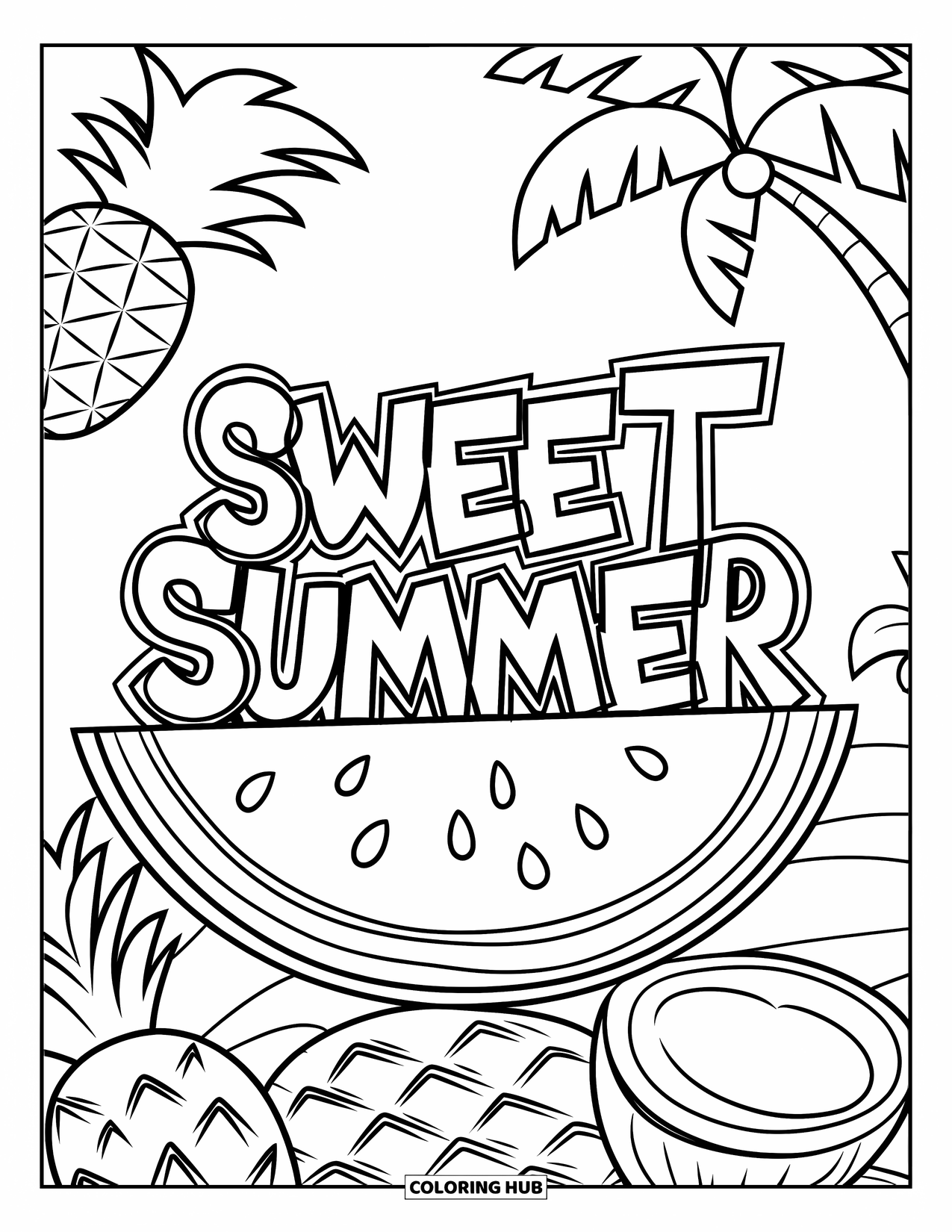 Watermeloen Kleurplaat voor Kinderen: Een watermeloenpart met "Sweet Summer" in graffiti-stijl, naast een ananas en een palmboom