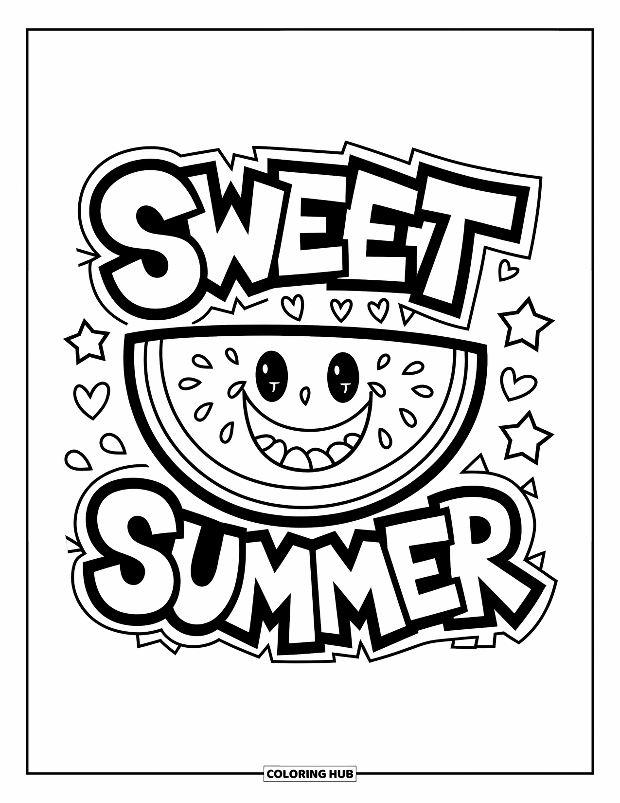 Watermeloen Kleurplaat voor Kinderen: Een watermeloen met een smileygezicht, omringd door "Sweet Summer" tekst en leuke patronen