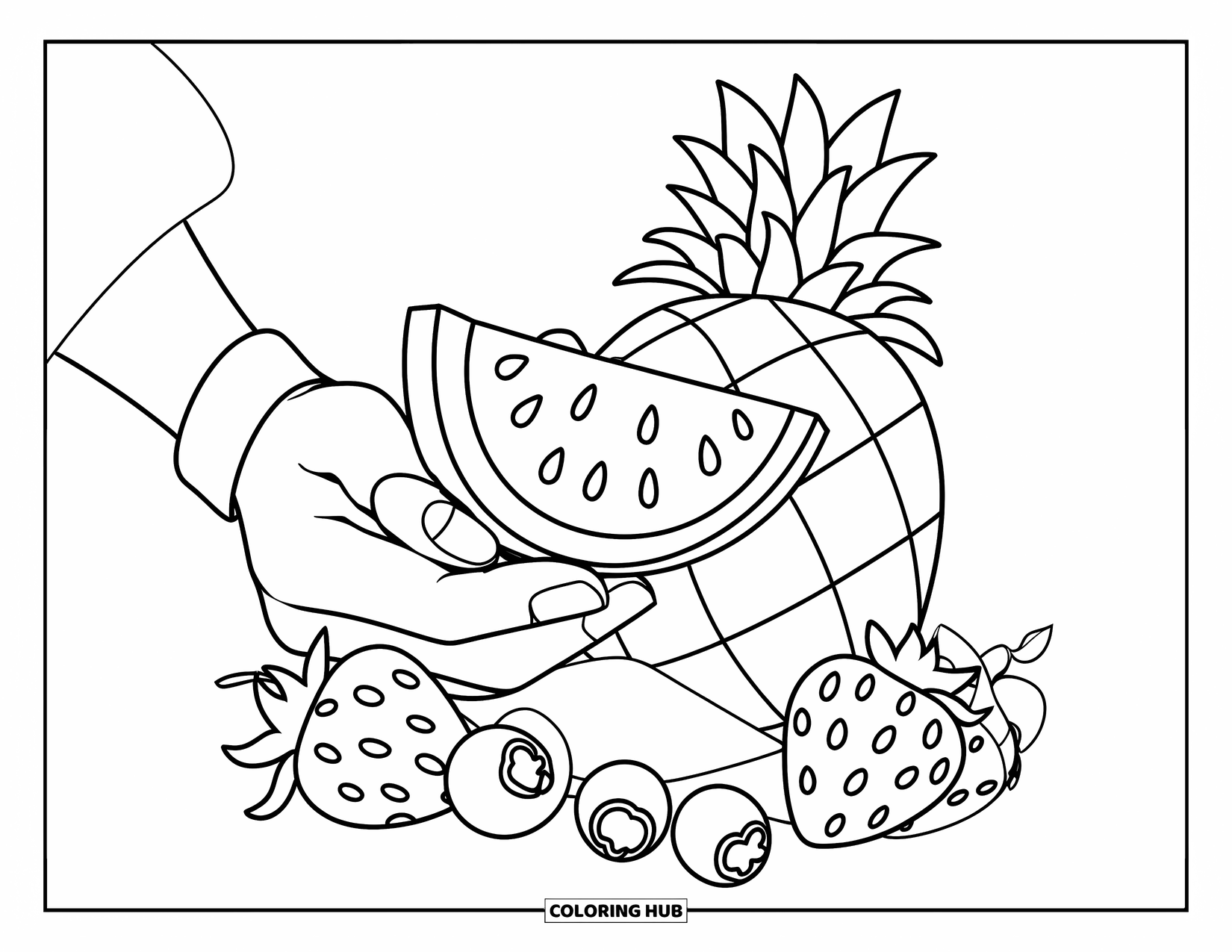 Watermeloen Kleurplaat voor Kinderen: Een hand met een polsband houdt een watermeloenpart vast, omringd door aardbeien en blauwe bessen