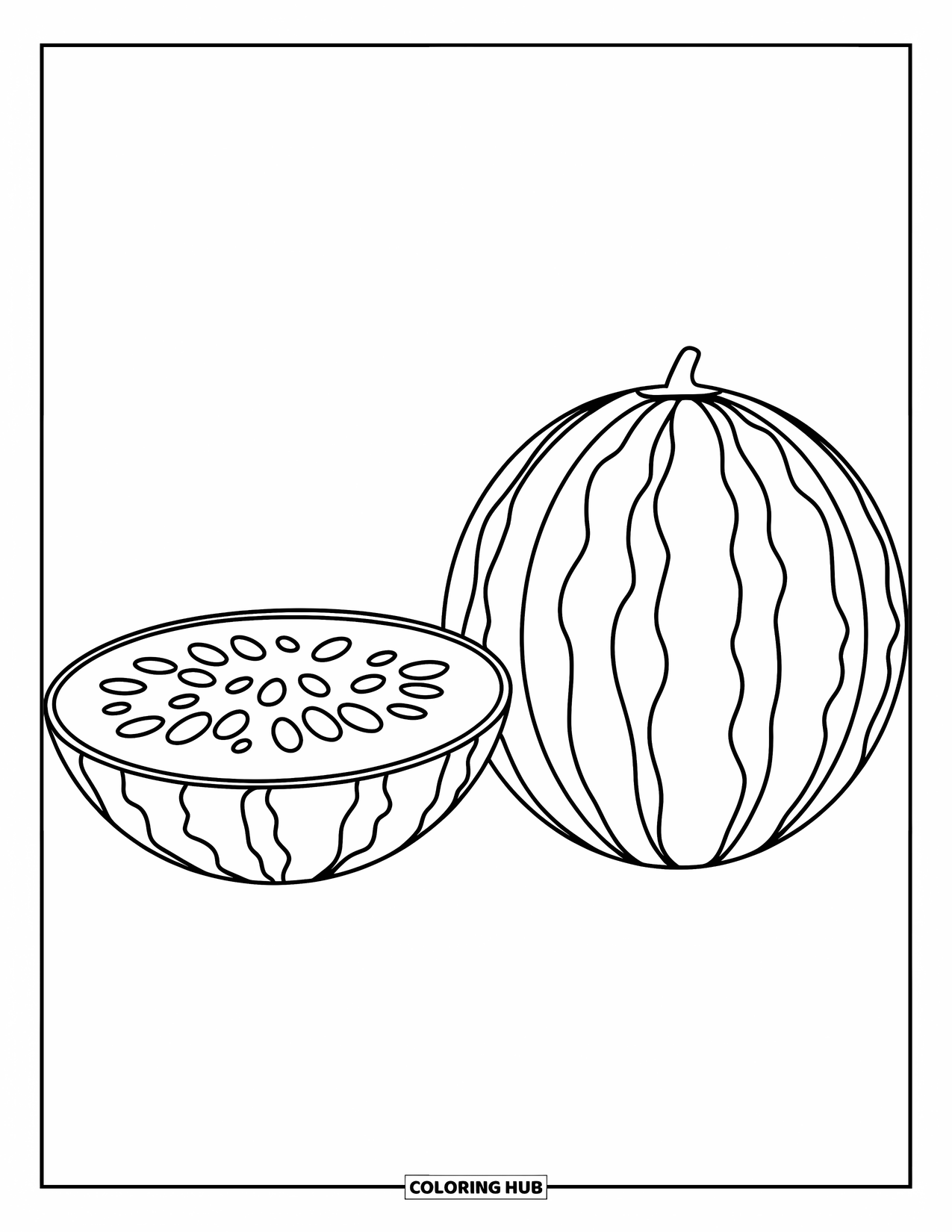 Watermeloen Kleurplaat voor Kinderen: Twee hele watermeloenen naast elkaar, een opengesneden die sappig vruchtvlees en zaden onthult