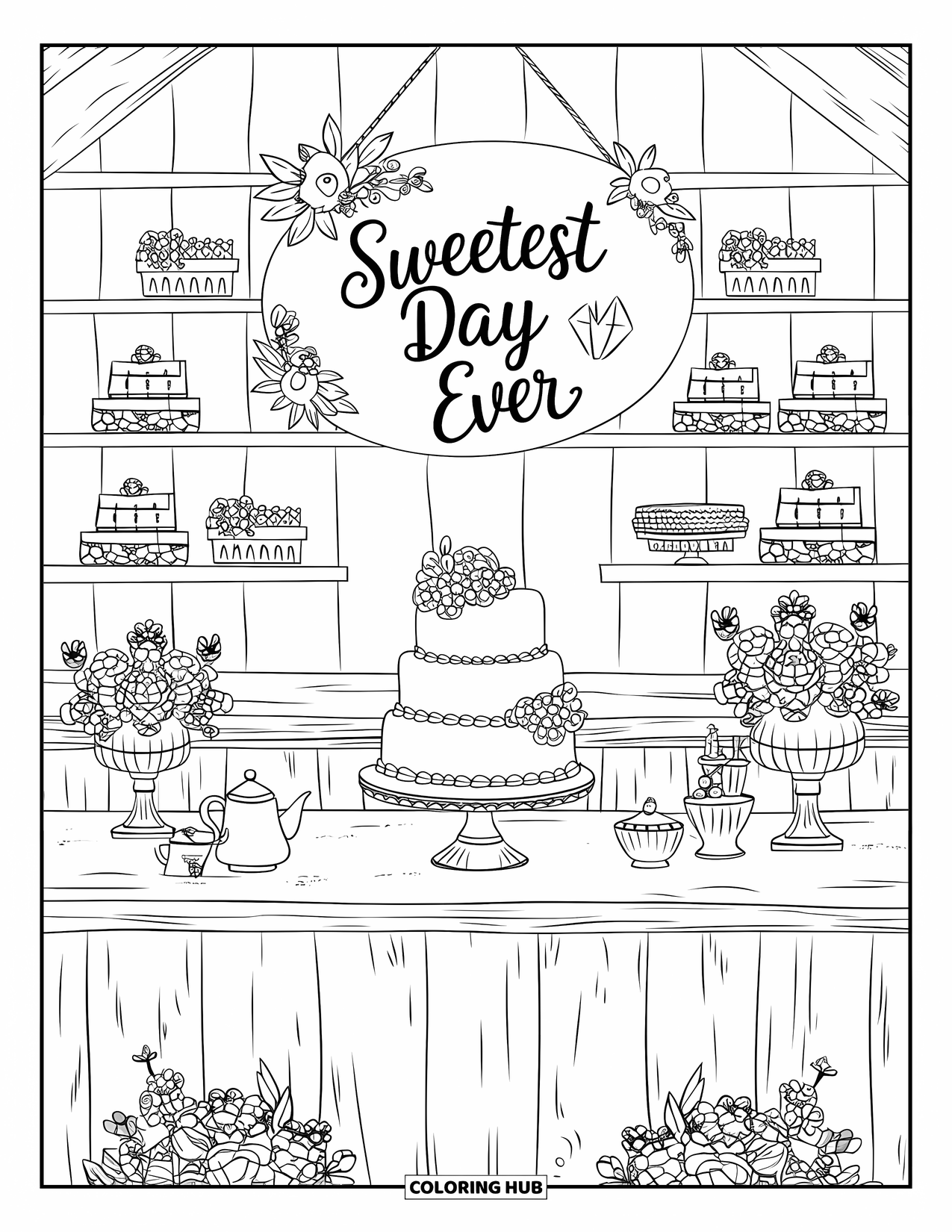 Bruidstaart Kleurplaat voor Volwassenen: Een bruidstaartdisplay in een huiselijke bakkerij met schappen vol lekkernijen en een handgeschilderd bord