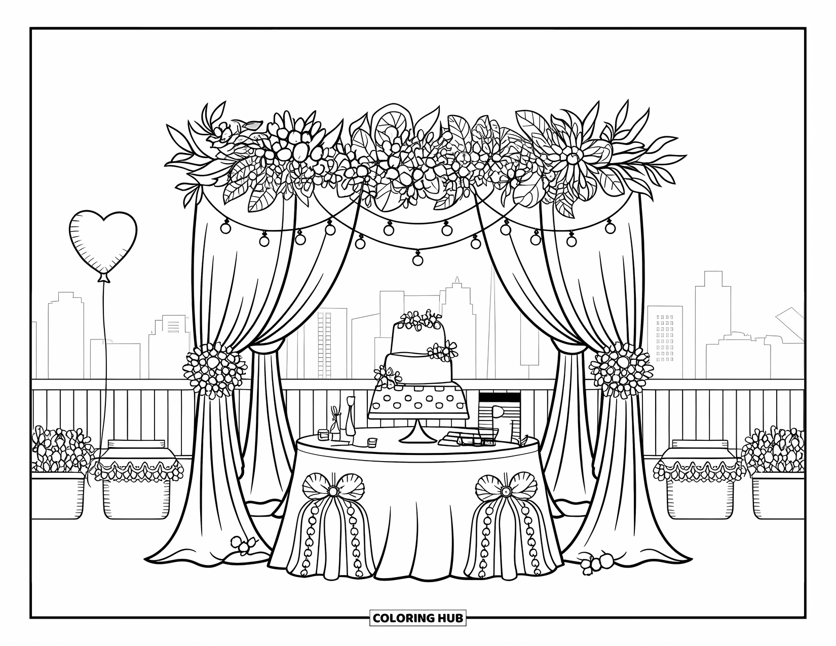 Bruidstaart Kleurplaat voor Volwassenen: Een gezellige bruidstaartdisplay op een dak met bloemdecoratie, lichtslingers en een skyline van de stad