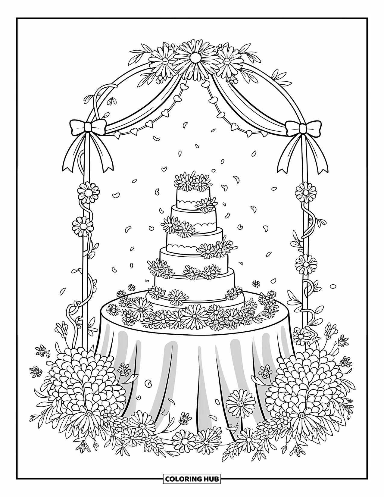 Bruidstaart Kleurplaat voor Volwassenen: Een dromerige bruidstaartscène met een bloemenboog, delicate wijnranken en vallende bloemblaadjes
