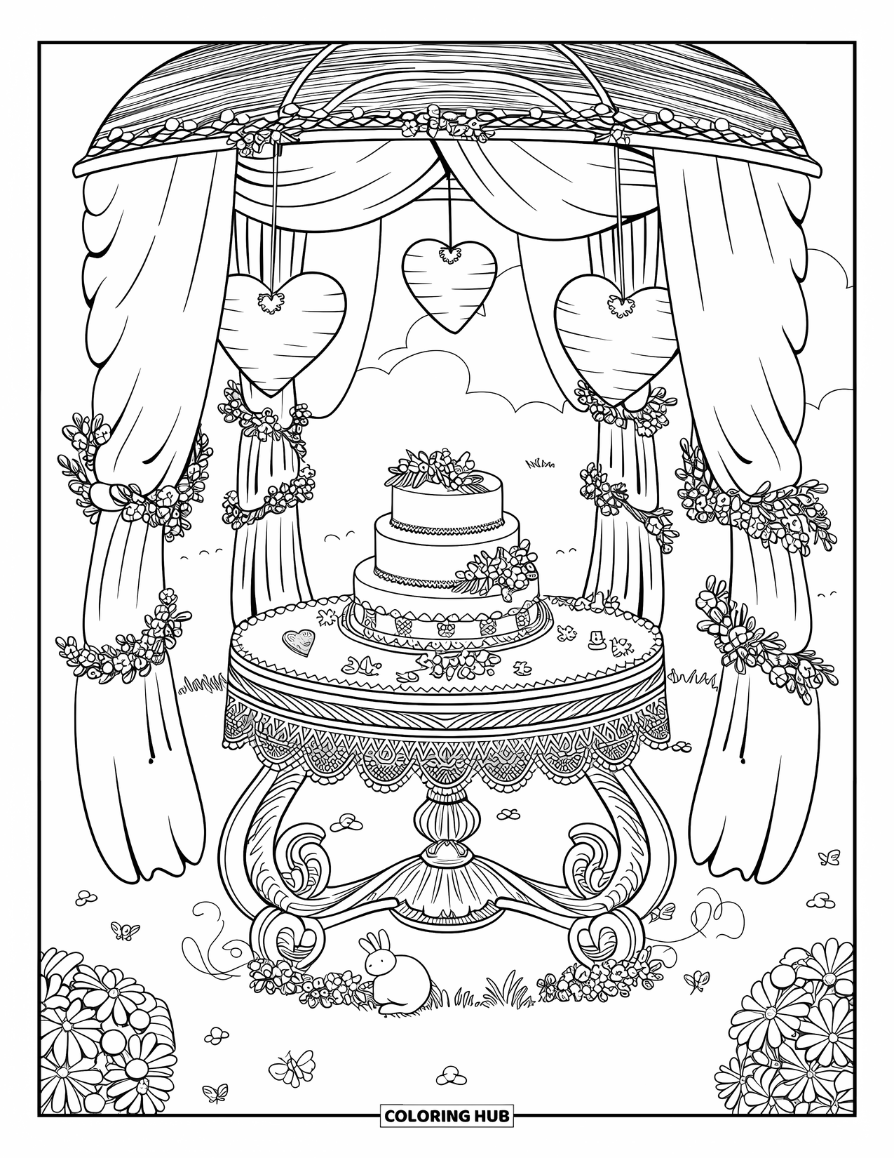 Bruidstaart Kleurplaat voor Volwassenen: Een dromerige bruidstaartopstelling in een prieel versierd met zachte draperieën, lantaarns en bloemen