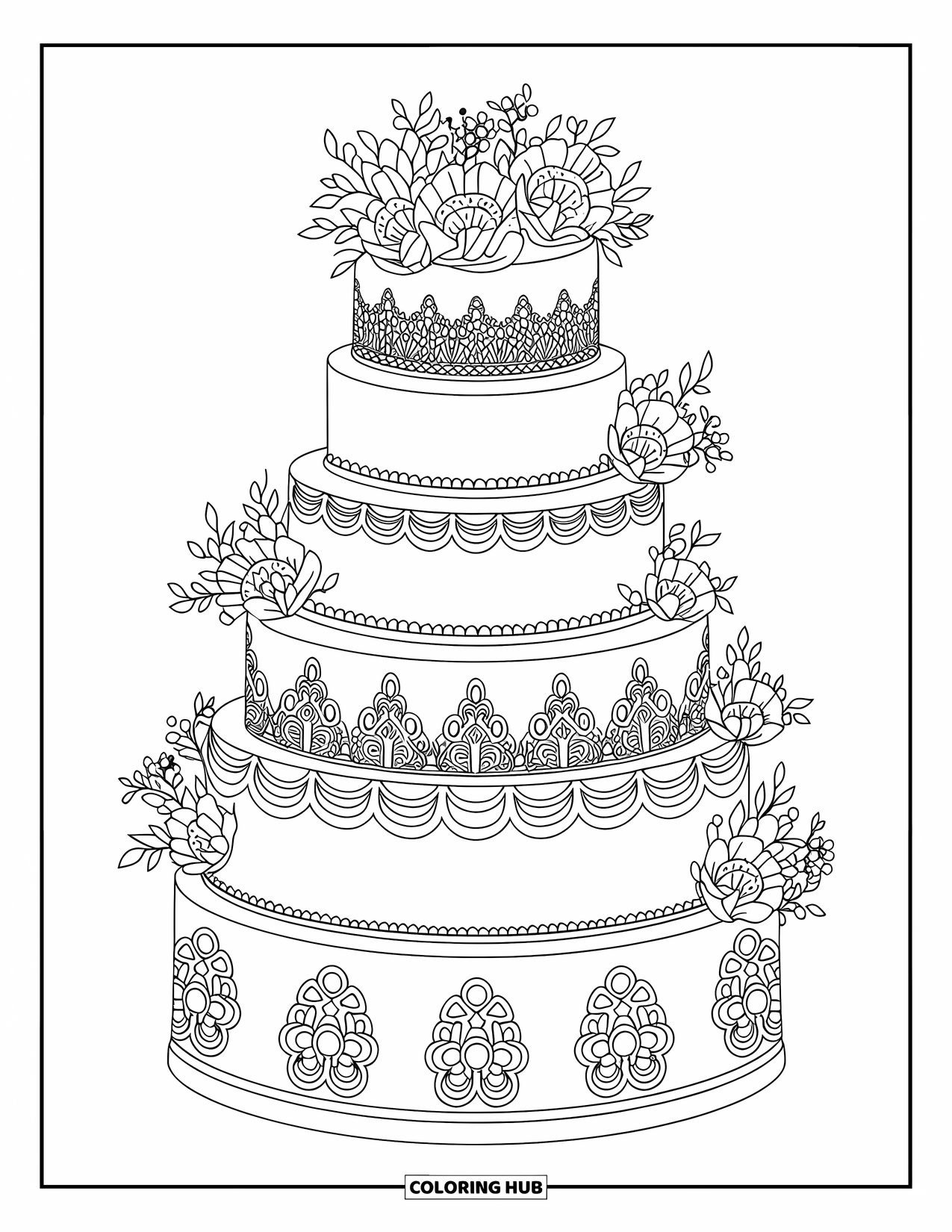 Bruidstaart Kleurplaat voor Volwassenen: Een bruidstaart met vijf lagen, filigraan details, kantversiering en bloemmotieven