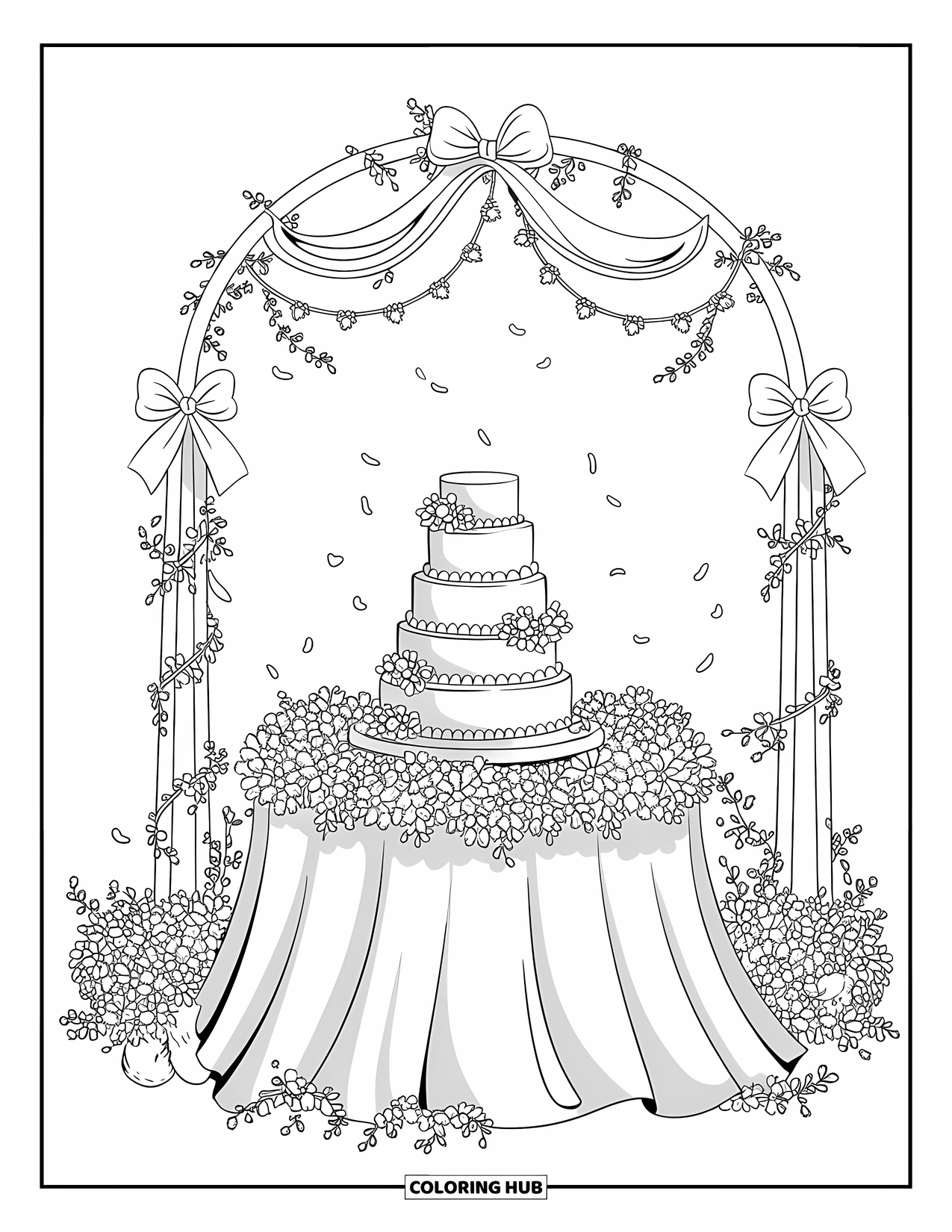 Bruidstaart Kleurplaat voor Volwassenen: Een bruidstaartdisplay in een bloementuin met een elegant gedrapeerde tafel en bloeiende bloemen