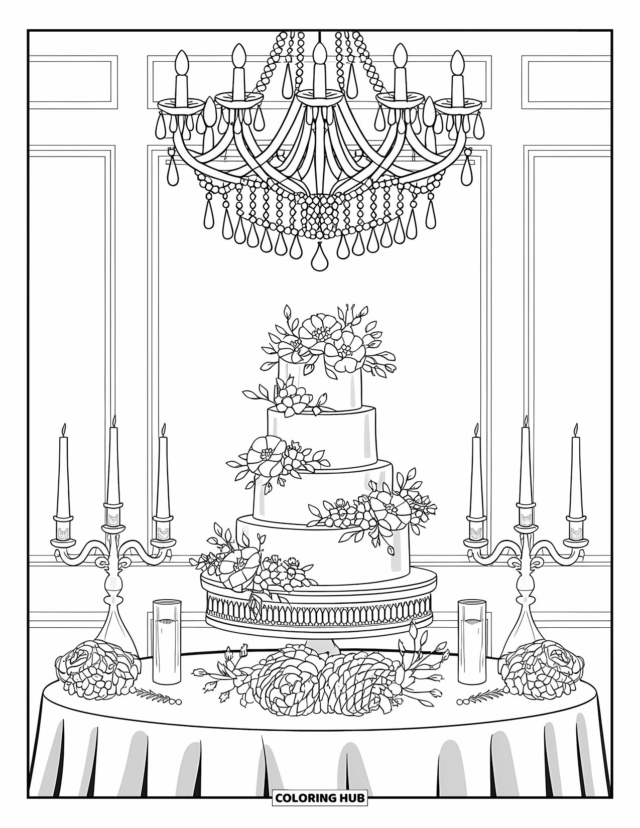 Bruidstaart Kleurplaat voor Volwassenen: Een bruidstaart met bloemen op een grandioze ronde tafel, omringd door kaarsen en kristallen decoratie