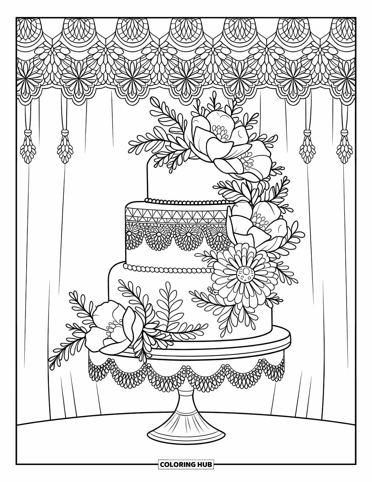 Bruidstaart Kleurplaat voor Volwassenen: Een bruidstaart met bloemen en fondantkantdetails, geplaatst op een zilveren standaard met vintage decoratie