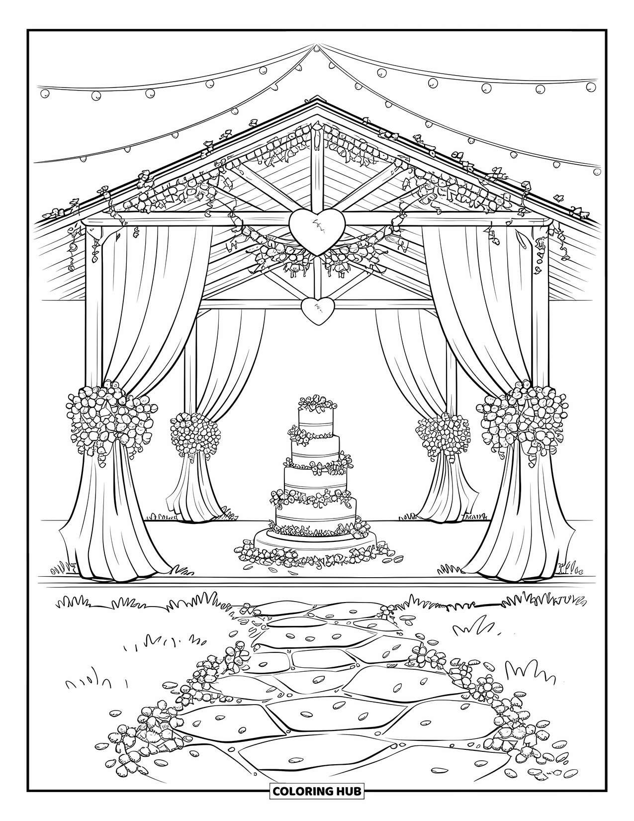 Bruidstaart Kleurplaat voor Volwassenen: Een bruidstaartdisplay in een tuinpaviljoen met gedrapeerde stof, bloemenguirlandes en lichtslingers