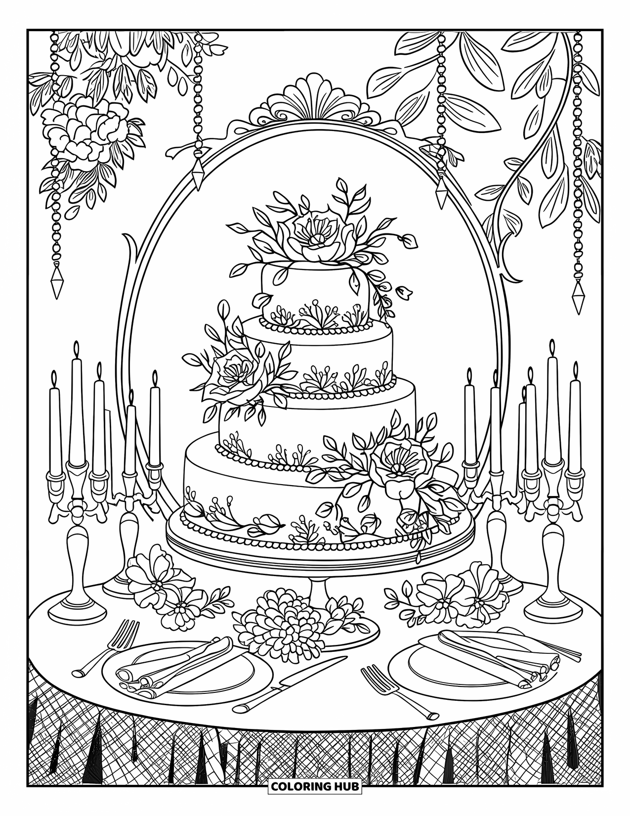 Bruidstaart Kleurplaat voor Volwassenen: Een grandioze bruidstaart met bloemendetails, omringd door kaarsen, kant en kristalelementen