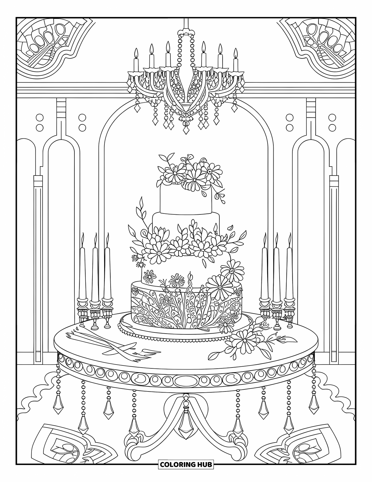 Bruidstaart Kleurplaat voor Volwassenen: Een met de hand gespoten bloemenbruidstaart op een versierde tafel met kaarsen en kristallen accenten