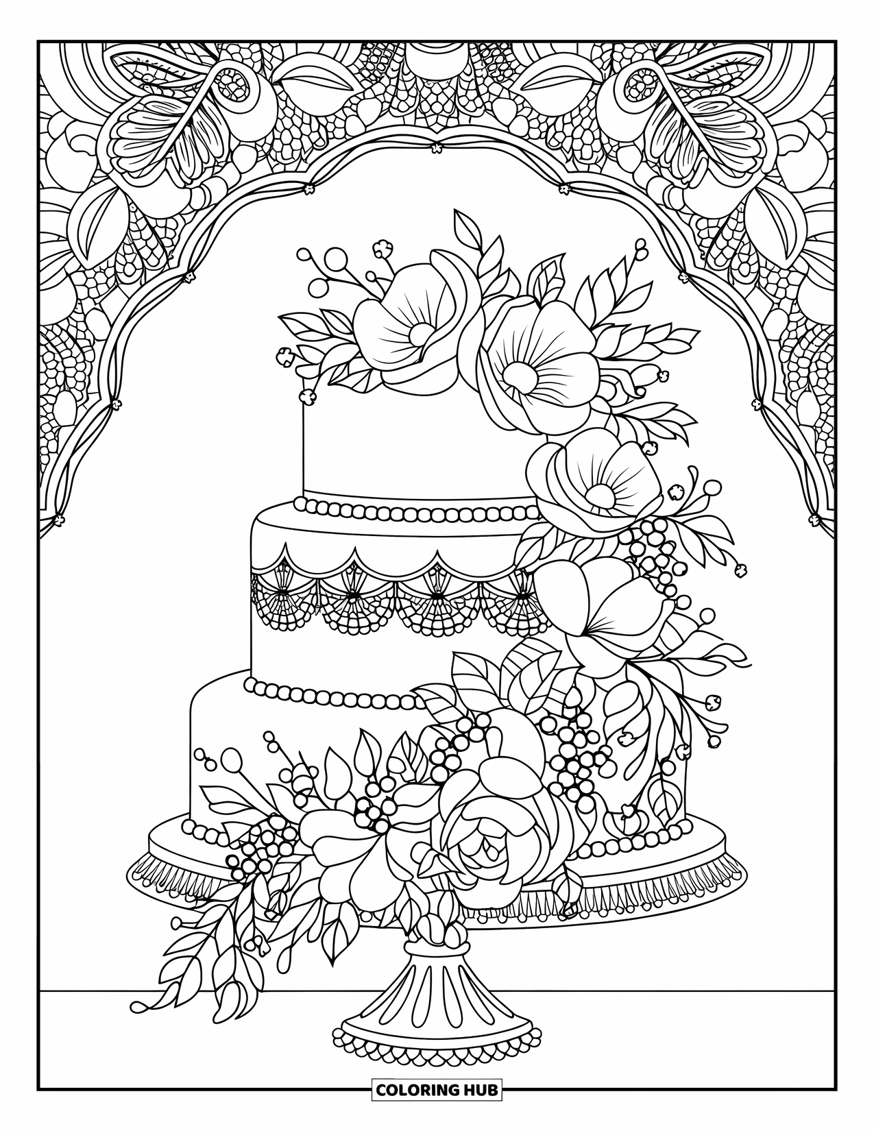 Bruidstaart Kleurplaat voor Volwassenen: Een luxueuze bruidstaart met watervaleffect van bloemen, kantdetails en parelachtige accenten