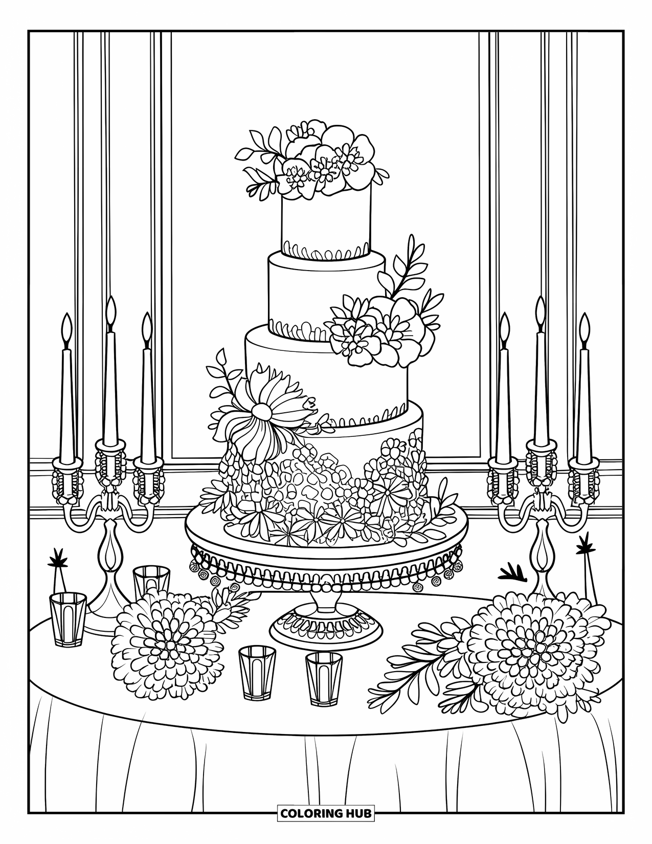 Bruidstaart Kleurplaat voor Volwassenen: Een meerlagige bruidstaart met bloemen op een elegante tafel met bloemen en vintage decoratie