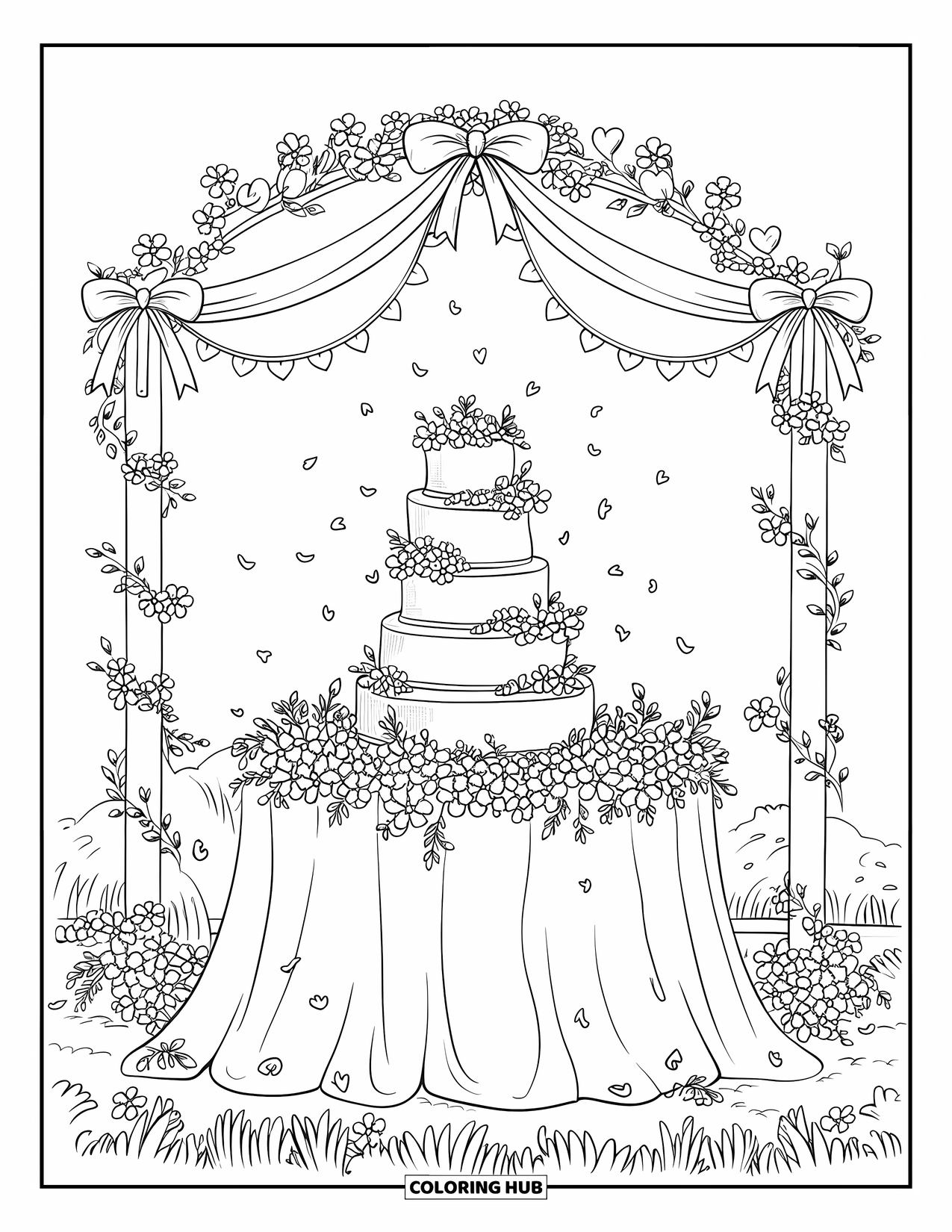 Bruidstaart Kleurplaat voor Volwassenen: Een bruidstaart met meerdere lagen, omringd door bloemen, delicate wijnranken en een decoratieve boog