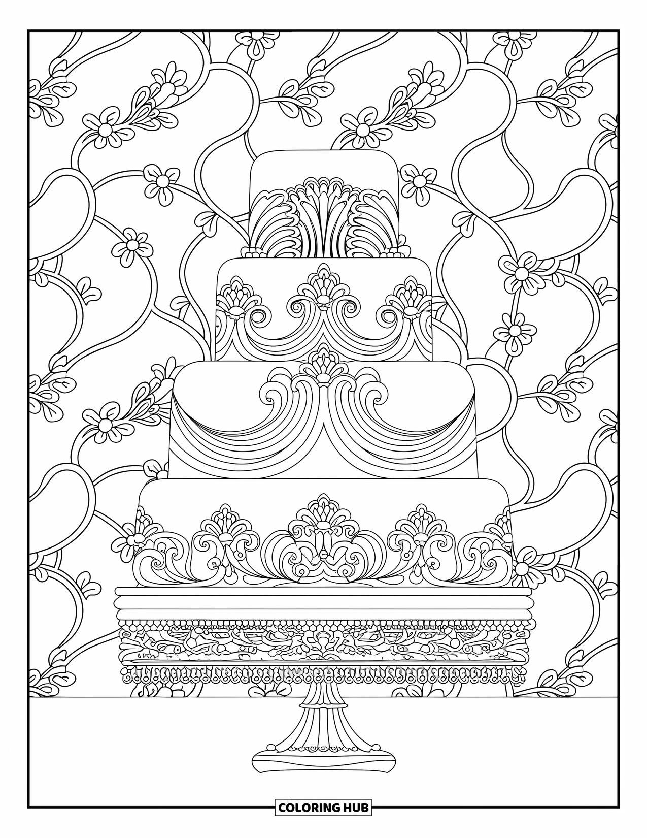 Bruidstaart Kleurplaat voor Volwassenen: Een bruidstaart met meerdere lagen en delicate filigraan details op een decoratieve standaard