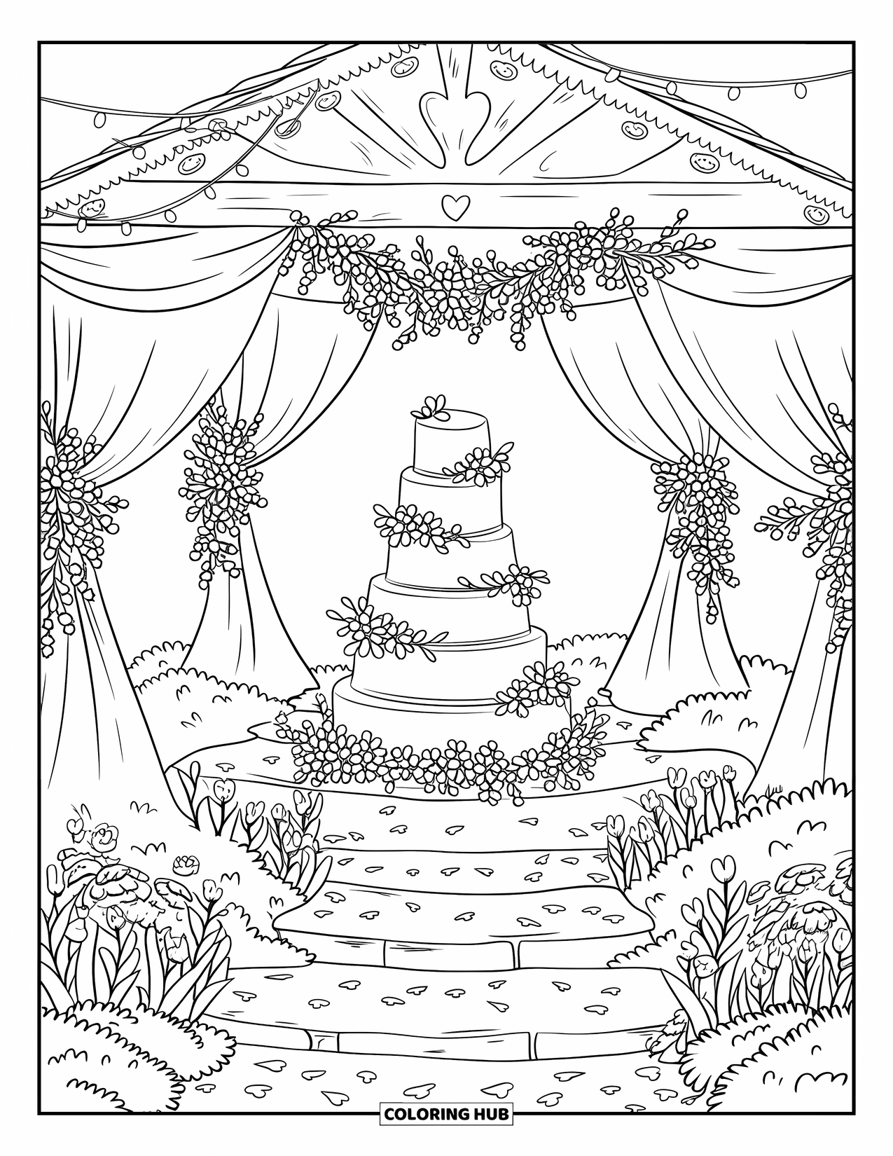 Bruidstaart Kleurplaat voor Volwassenen: Een romantische bruidstaartopstelling in een tuinpaviljoen met hartsnijwerk, bloemenguirlandes en lichtjes