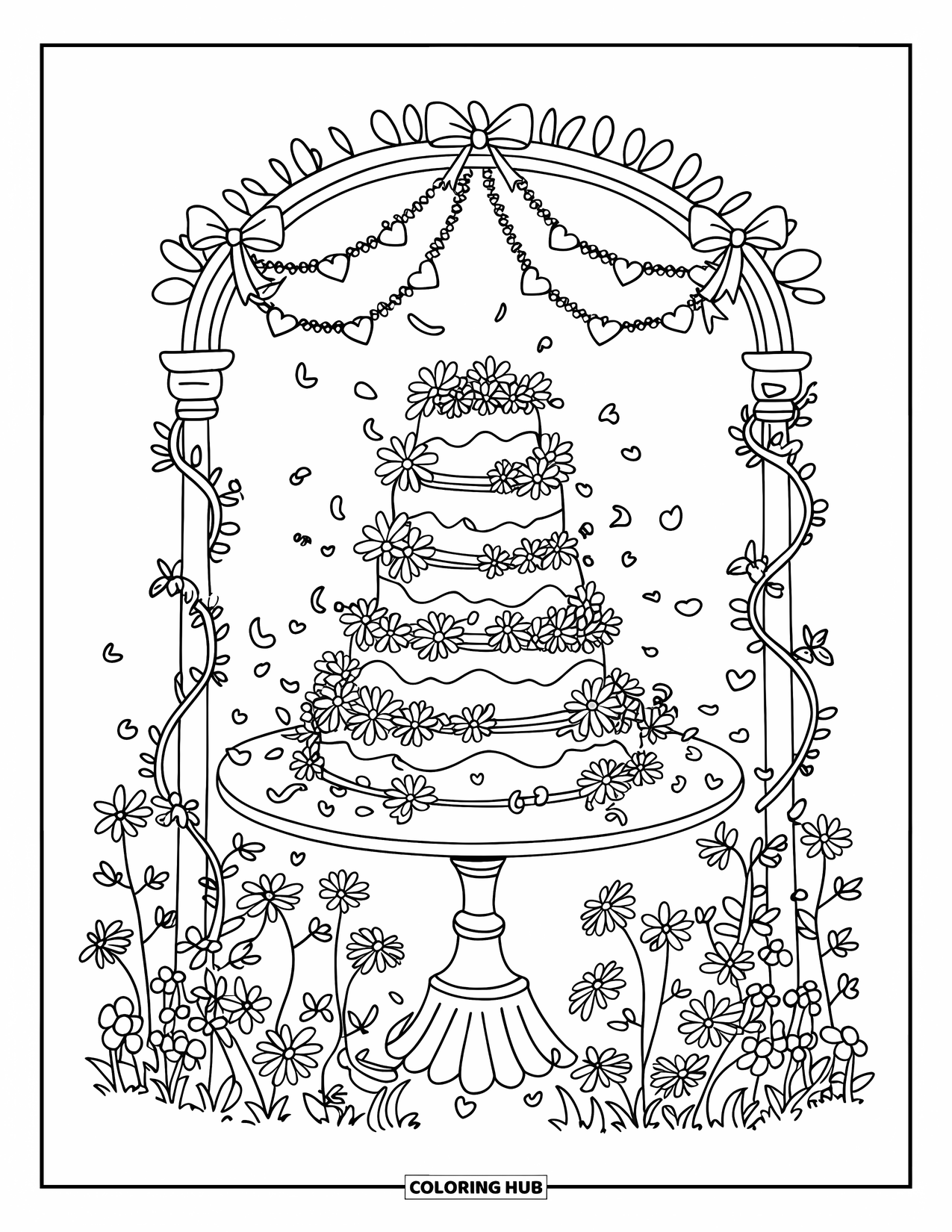 Bruidstaart Kleurplaat voor Volwassenen: Een romantische bruidstaartopstelling in een tuin met een bloemenboog, wijnranken en hartenguirlandes