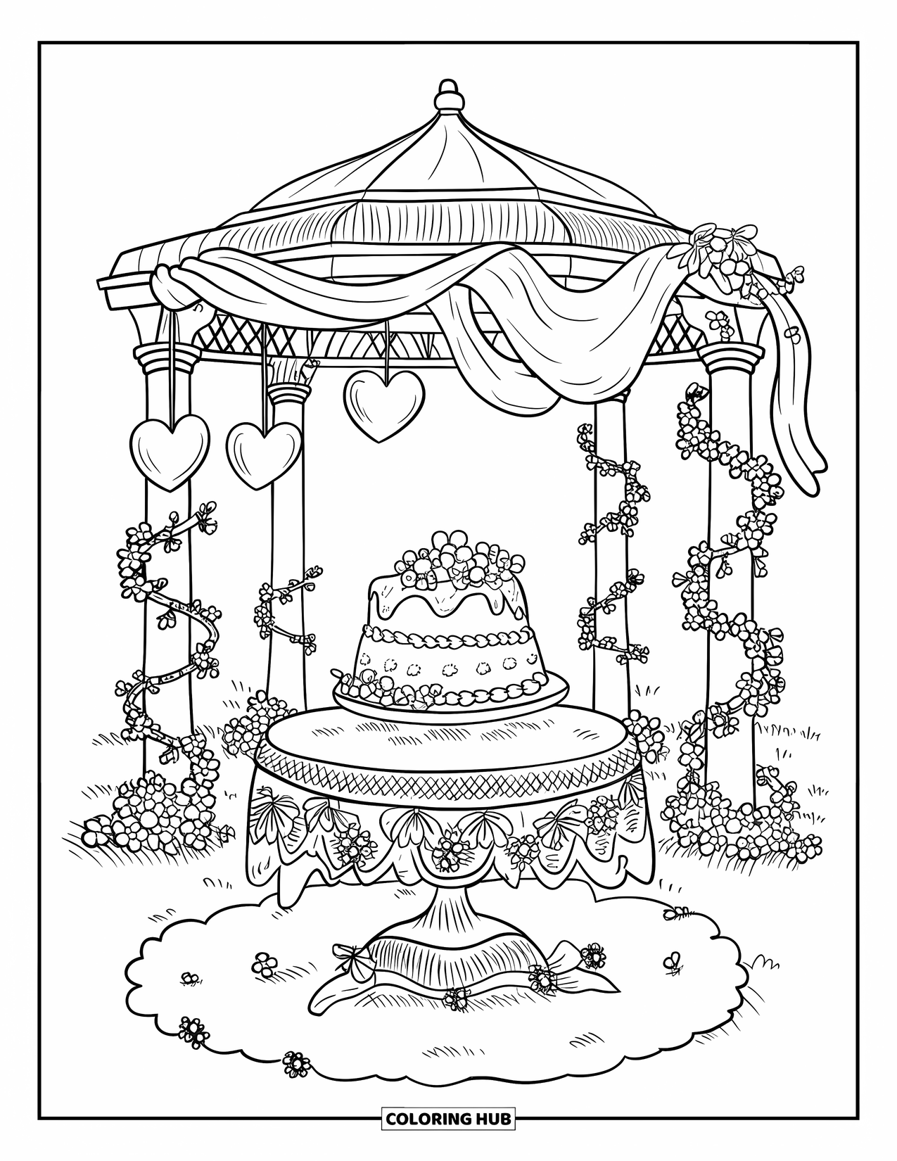 Bruidstaart Kleurplaat voor Volwassenen: Een romantische bruidstaartdisplay in een prieel met bloemendetails, linten en gloeiende lantaarns