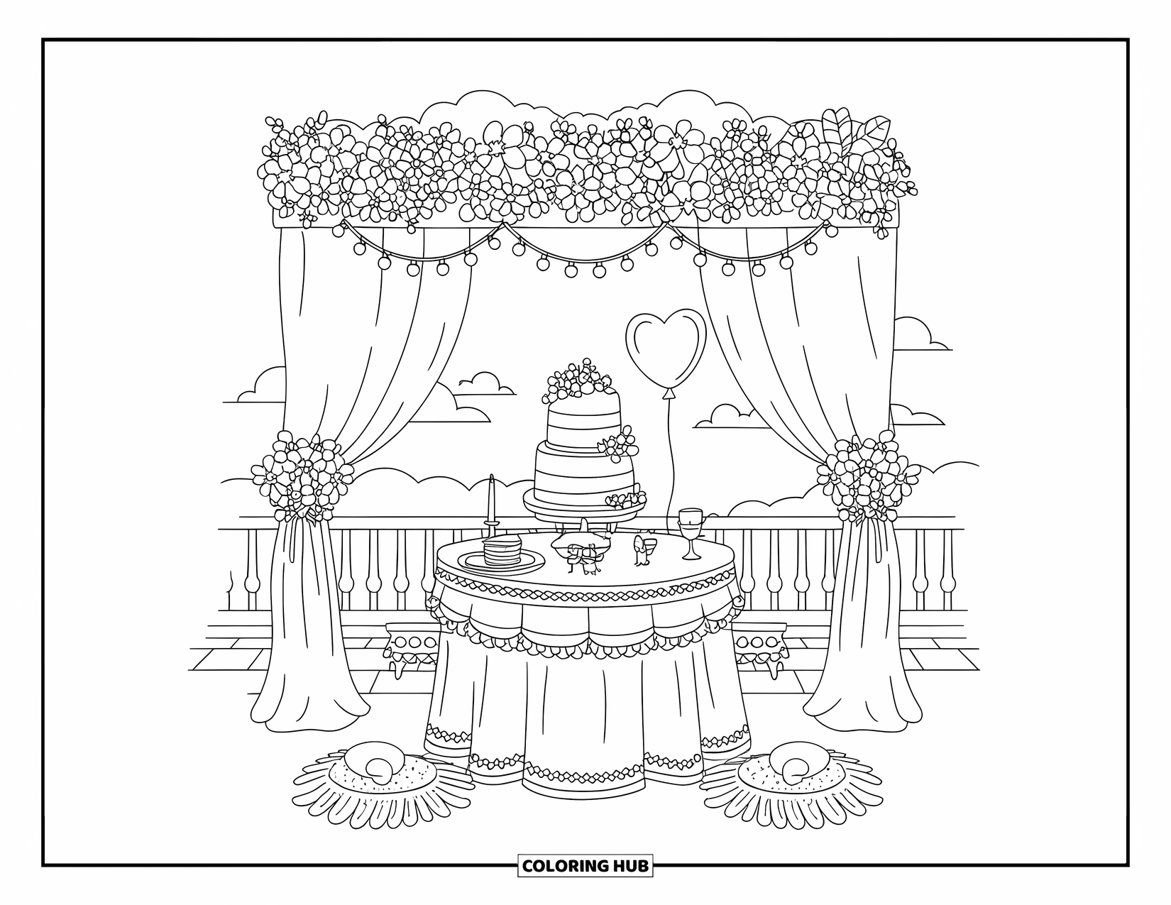 Bruidstaart Kleurplaat voor Volwassenen: Een romantische bruidstaartopstelling op een dak met een bloemenbaldakijn, lichtslingers en een hartballon