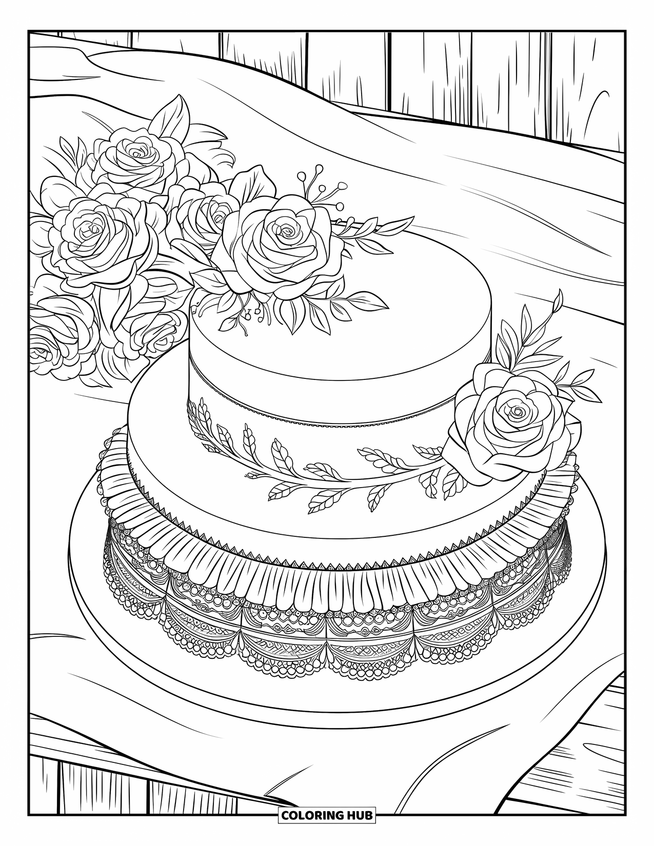 Bruidstaart Kleurplaat voor Volwassenen: Een romantische bruidstaart met kantdetails en wervelende wijnrankpatronen op een houten tafel