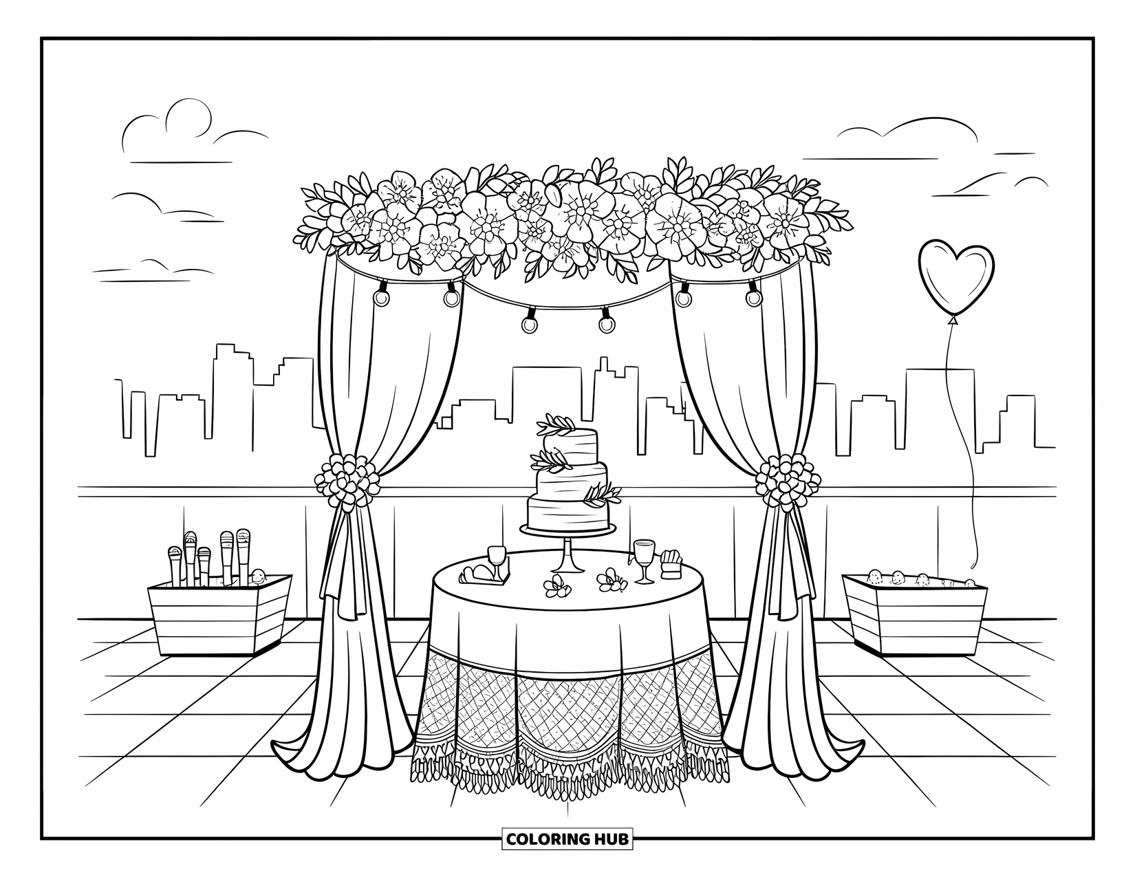 Bruidstaart Kleurplaat voor Volwassenen: Een bruiloftscène op een dakterras met een bruidstaart, bloemenbaldakijn en een glooiende skyline van de stad