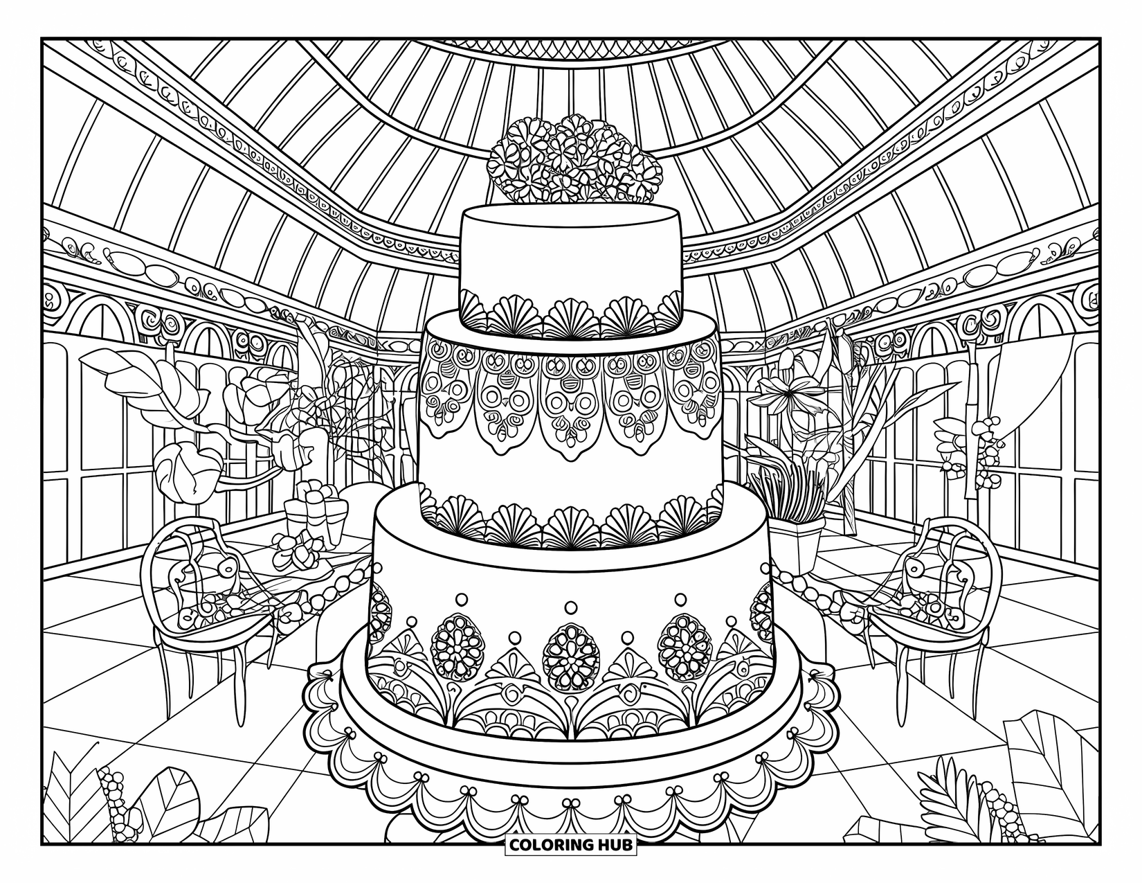 Bruidstaart Kleurplaat voor Volwassenen: Een gelaagde bruidstaart met ingewikkelde patronen in een weelderige, met planten gevulde kas
