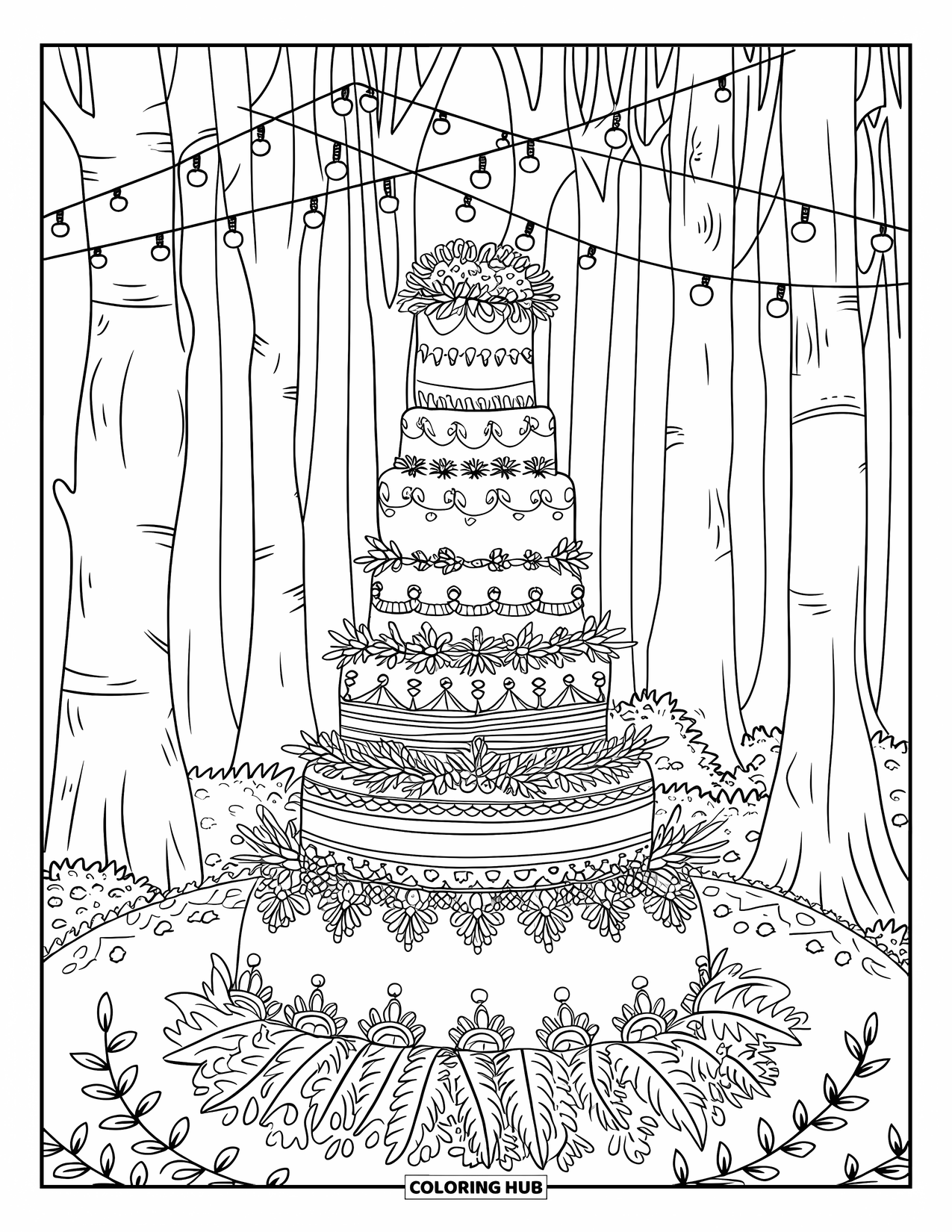 Bruidstaart Kleurplaat voor Volwassenen: Een torenhoge bruidstaart in een betoverd bos met feeërieke lichtjes en weelderige bomen