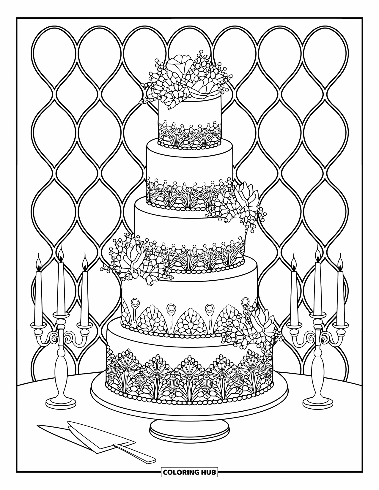 Bruidstaart Kleurplaat voor Volwassenen: Een torenhoge bruidstaart met kant-geïnspireerde patronen, bloemendesigns en elegant filigraan