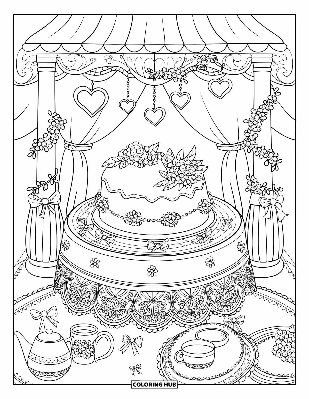 Bruidstaart Kleurplaat voor Volwassenen: Een bruidstaart in een prachtig versierd prieel met vloeiende stof en hartlantaarns
