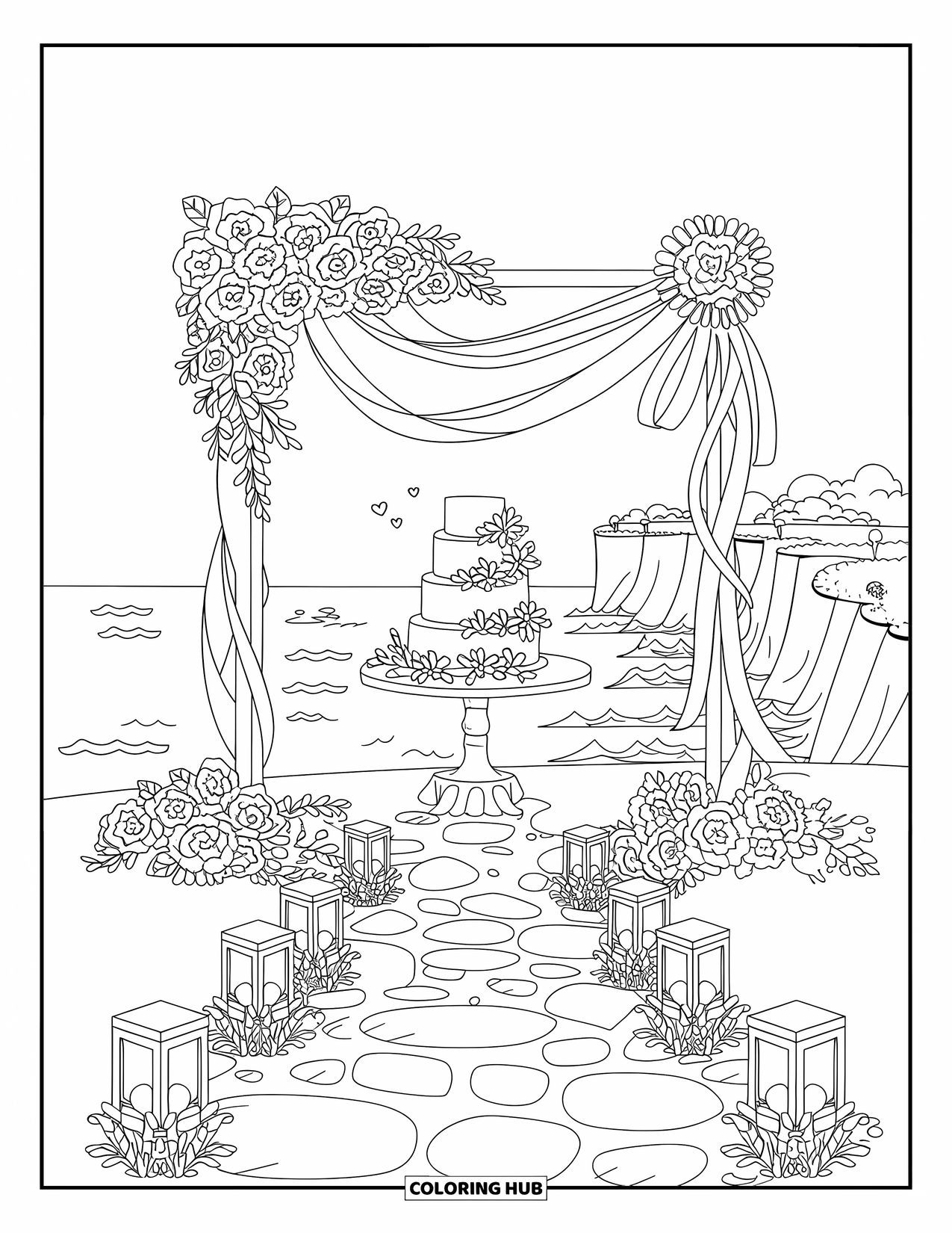 Bruidstaart Kleurplaat voor Volwassenen: Een bruidstaart op een klif aan zee, omlijst door een bloemenboog met een adembenemend uitzicht op de oceaan