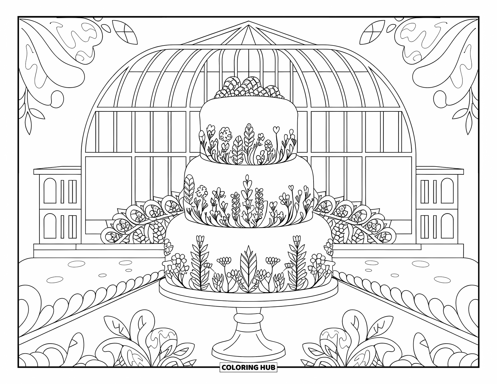 Bruidstaart Kleurplaat voor Volwassenen: Een bruidstaart met delicate filigraanpatronen in een kas als trouwlocatie onder een glazen koepel