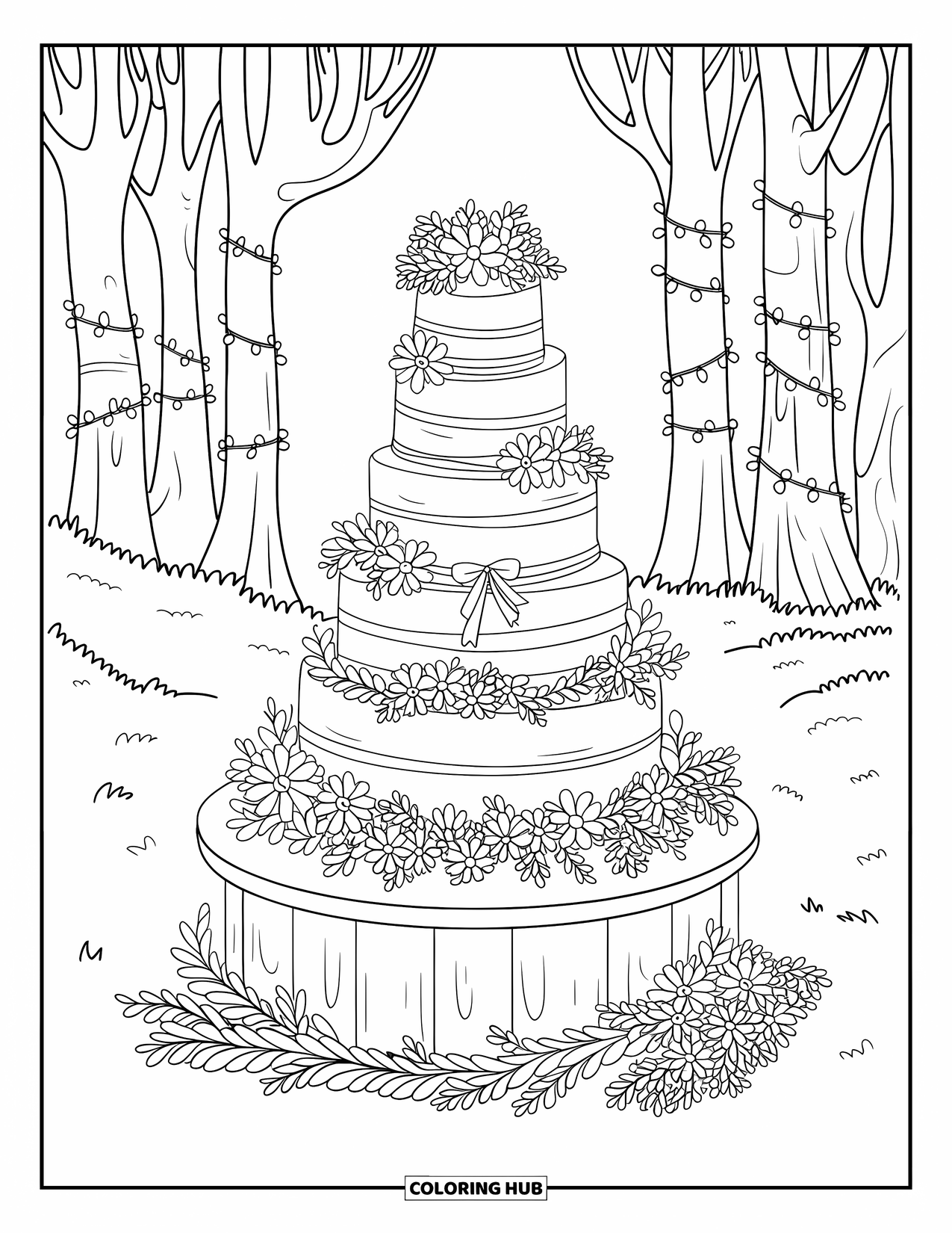 Bruidstaart Kleurplaat voor Volwassenen: Een bruidstaart met bloemaccenten in een bos met fonkelende feeërieke lichtjes