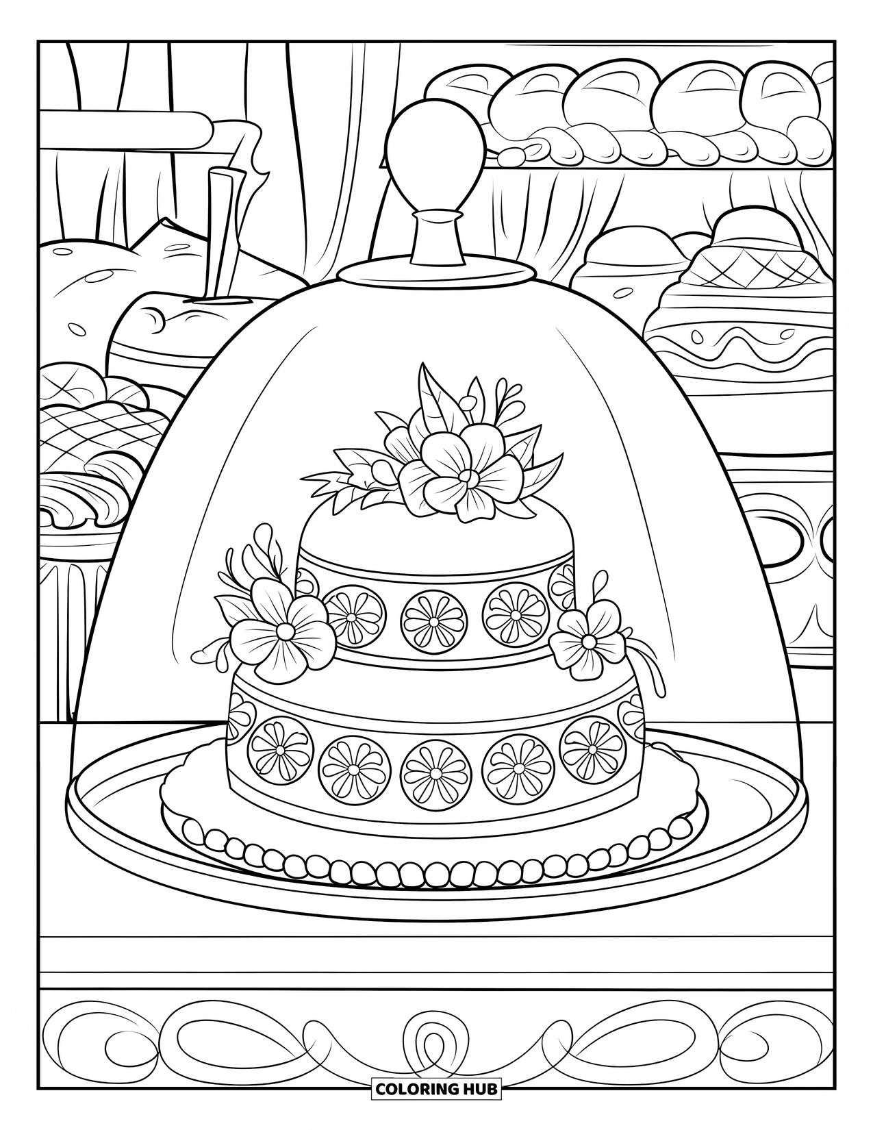Bruidstaart Kleurplaat voor Kinderen: Een bakkerijdisplay toont een elegante bruidstaart met delicate glazuurkrullen
