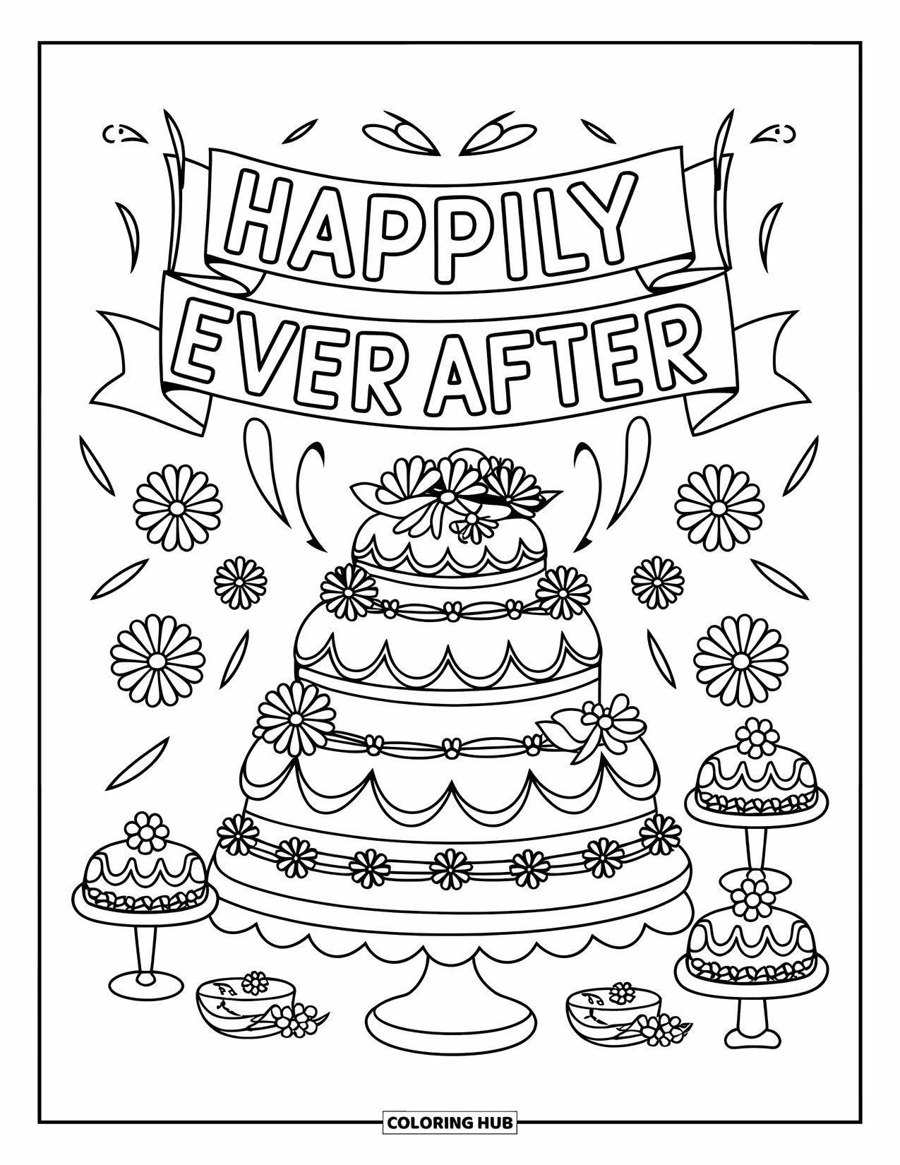Bruidstaart Kleurplaat voor Kinderen: Een opvallende bruidstaart met bloemendetails staat onder een feestelijke banner