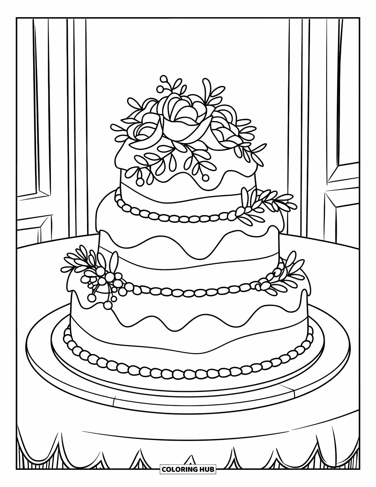 Bruidstaart Kleurplaat voor Kinderen: Een taart met glad glazuur en kleine pareldecoraties wordt elegant tentoongesteld