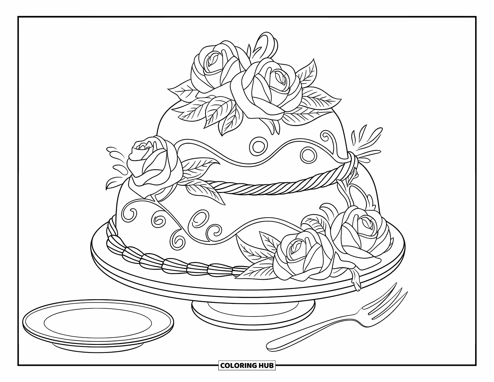 Bruidstaart Kleurplaat voor Kinderen: Een taart met wervelende wijnrankpatronen, rozen en elegante versieringen staat op een standaard